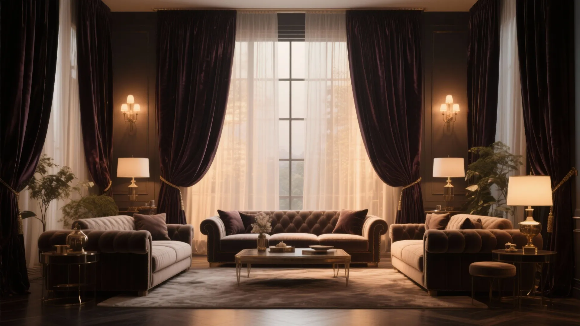 Luxury living room with dark purple curtains velvet sofas gold wall lights and a central window