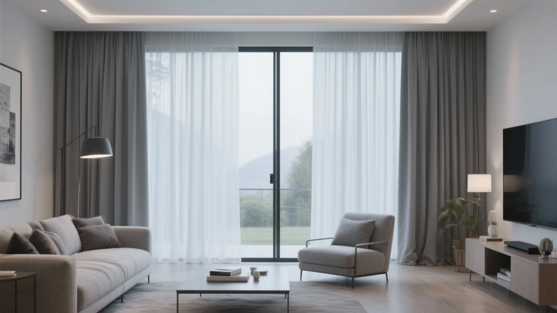 Elegant living room with grey curtains and sheer white fabric over a large sliding window
