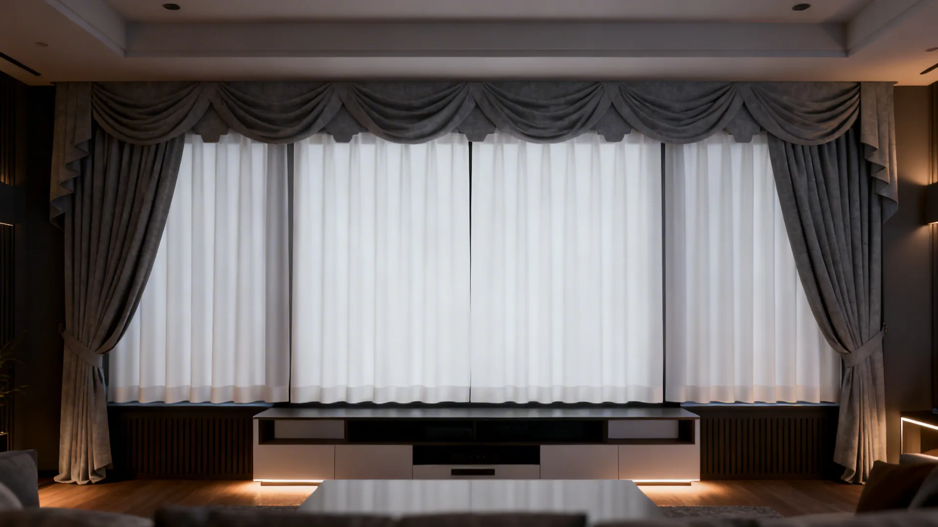 Modern living room with dark gray curtains and decorative top curtains over white window blinds