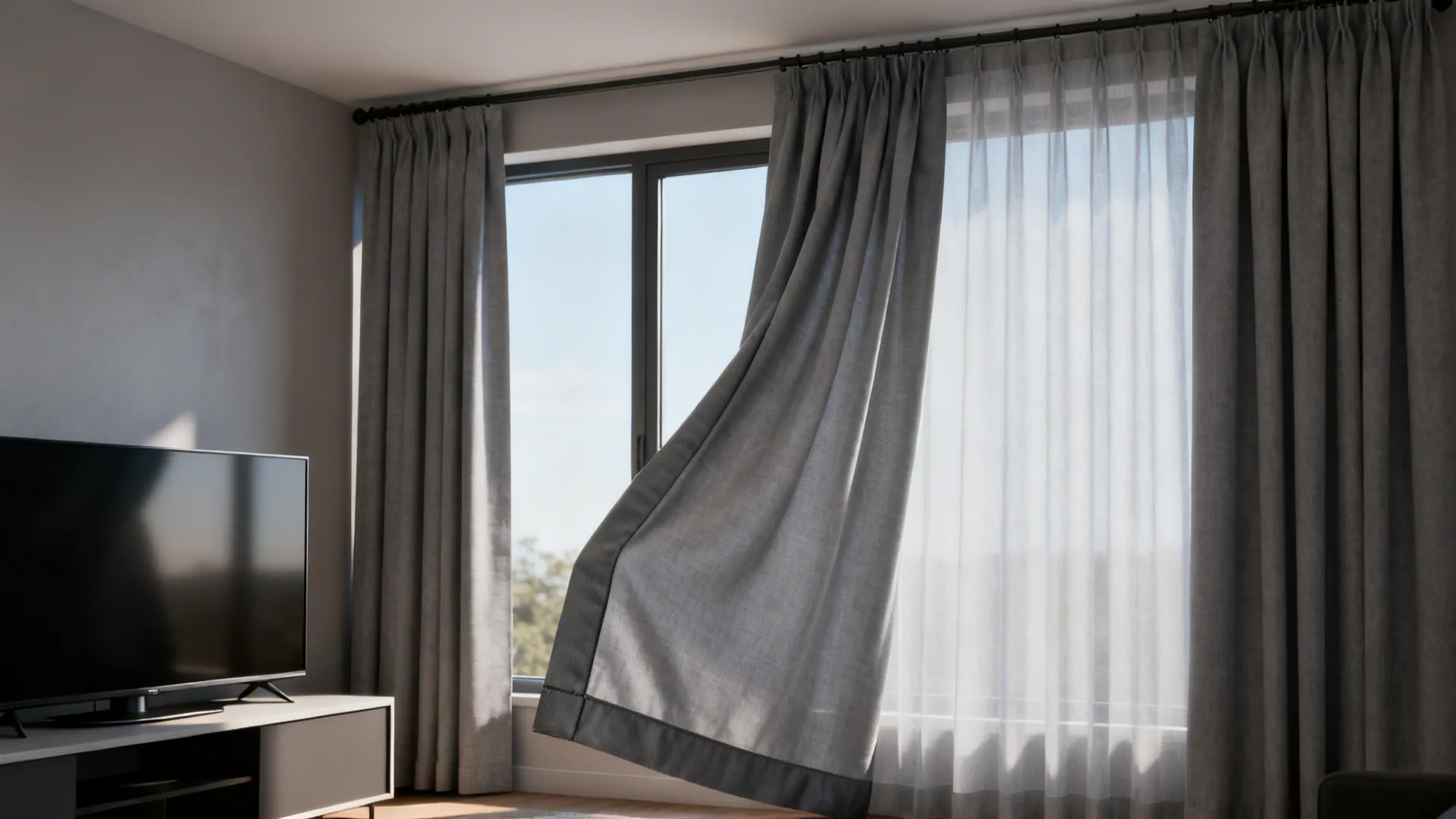 Light grey curtains with blackout lining partially closed to reduce glare