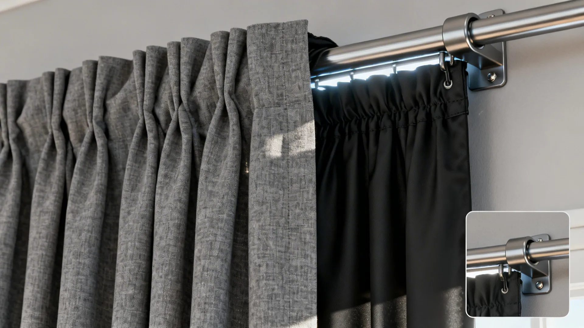 Close up of grey pleated curtain and black blackout curtain on a double metal rod