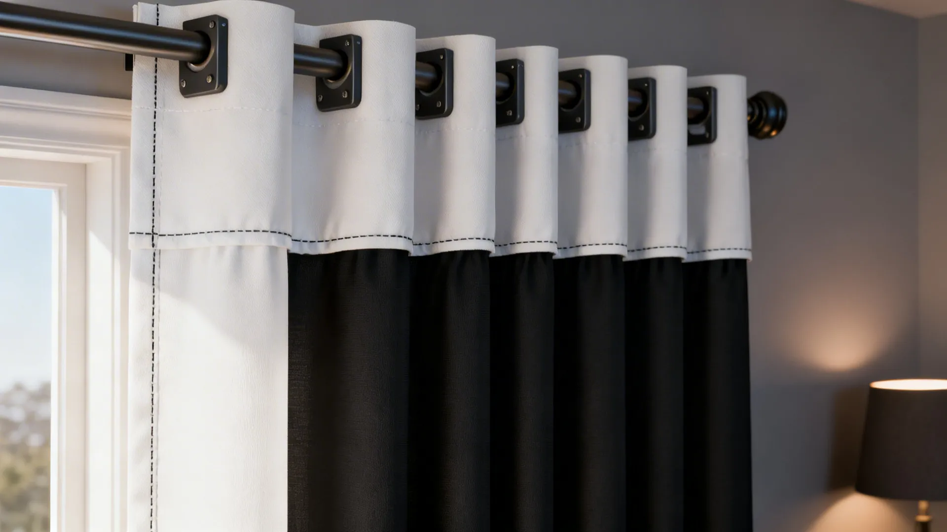 White curtain face with black blackout backing and sturdy hardware close-up