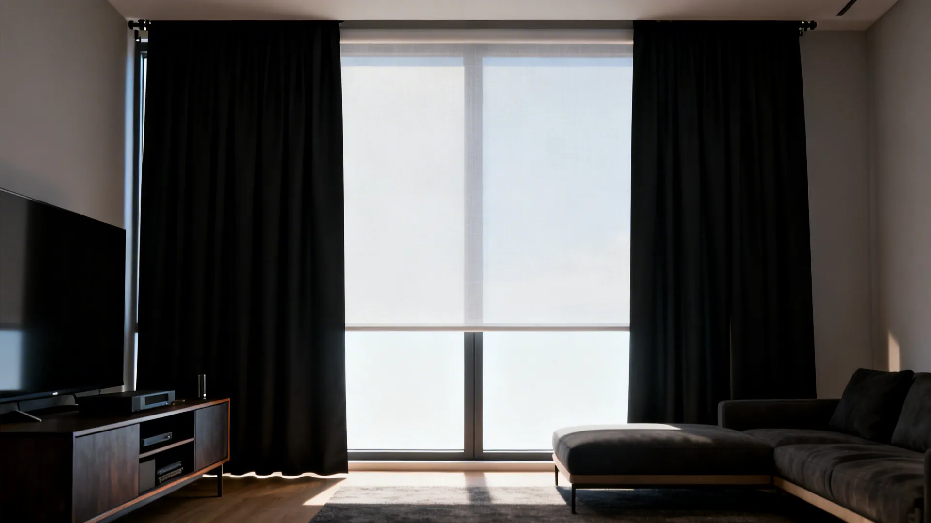 Window with translucent roller shade and black blackout panels layered for daylight and cinema-style darkness.