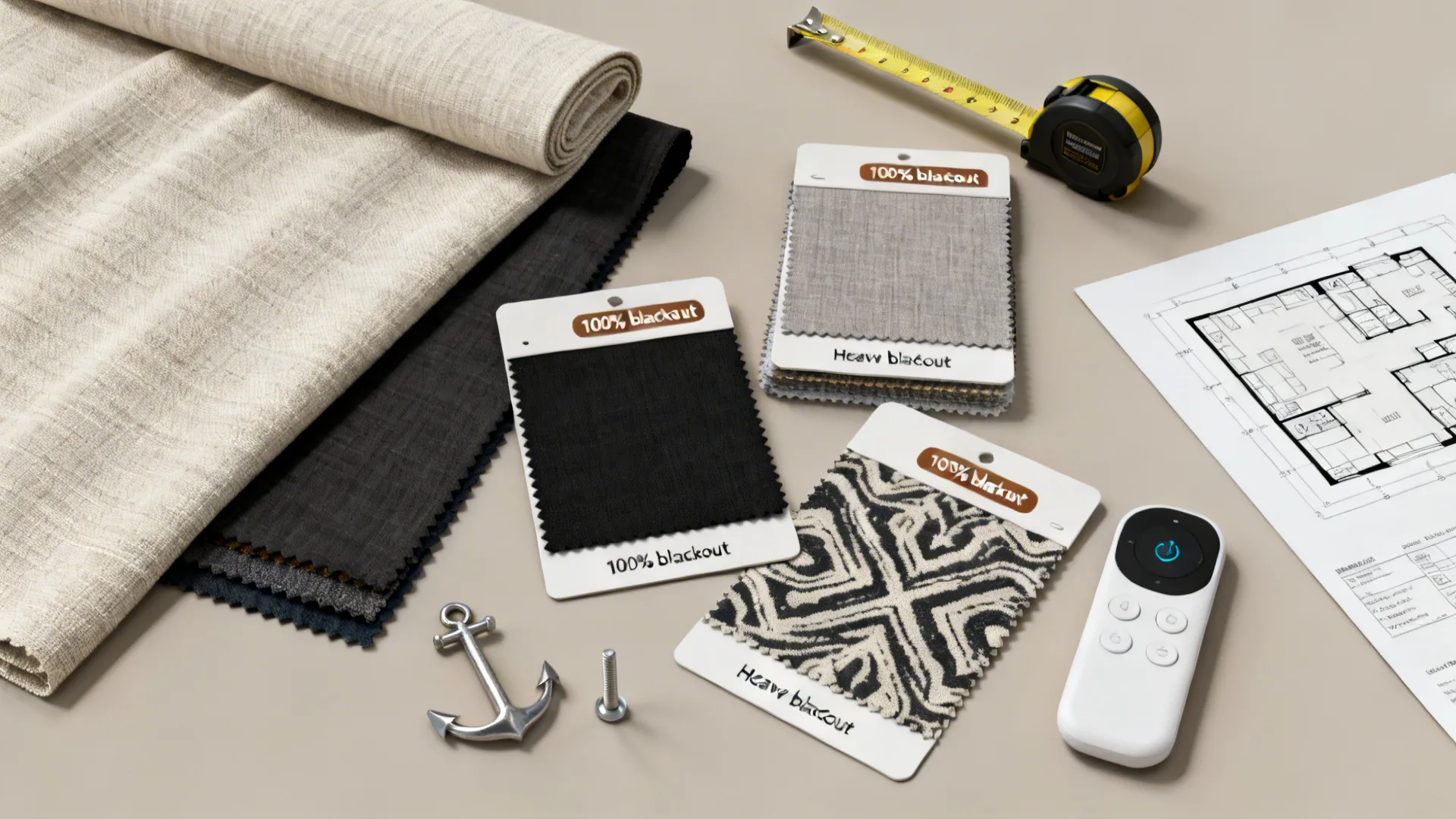 Flatlay of curtain fabric swatches, measuring tape, hardware and a small floor plan for blackout curtain planning.