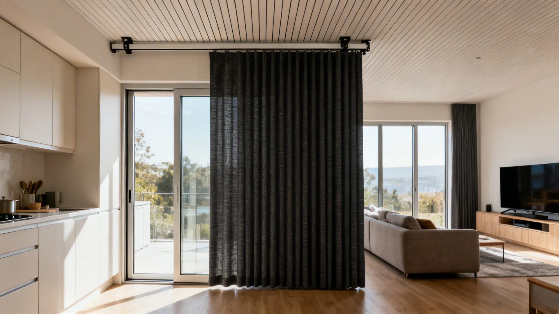 Open-plan kitchen with a single blackout panel stacked to one side of the sliding door.