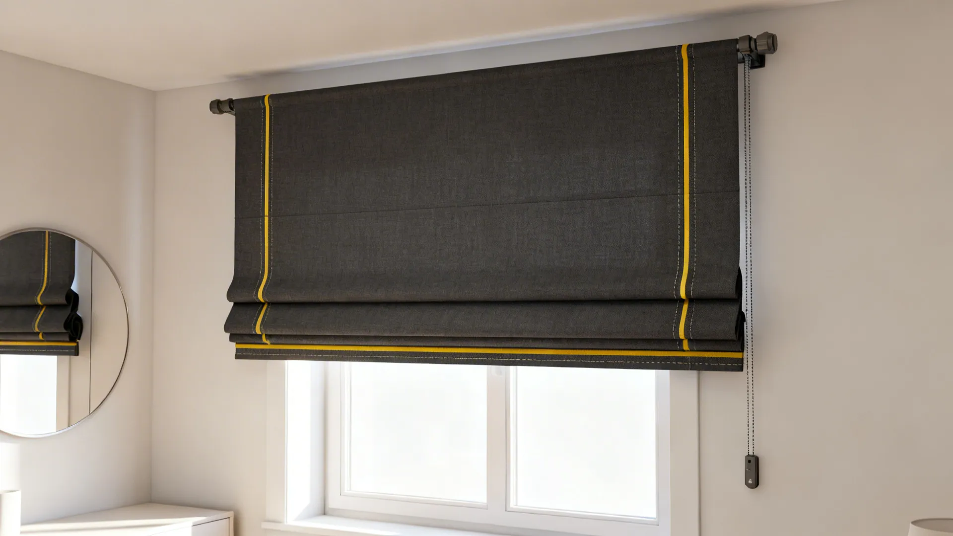 Dark grey window curtain with yellow stripes hanging over a white frame in a bright space