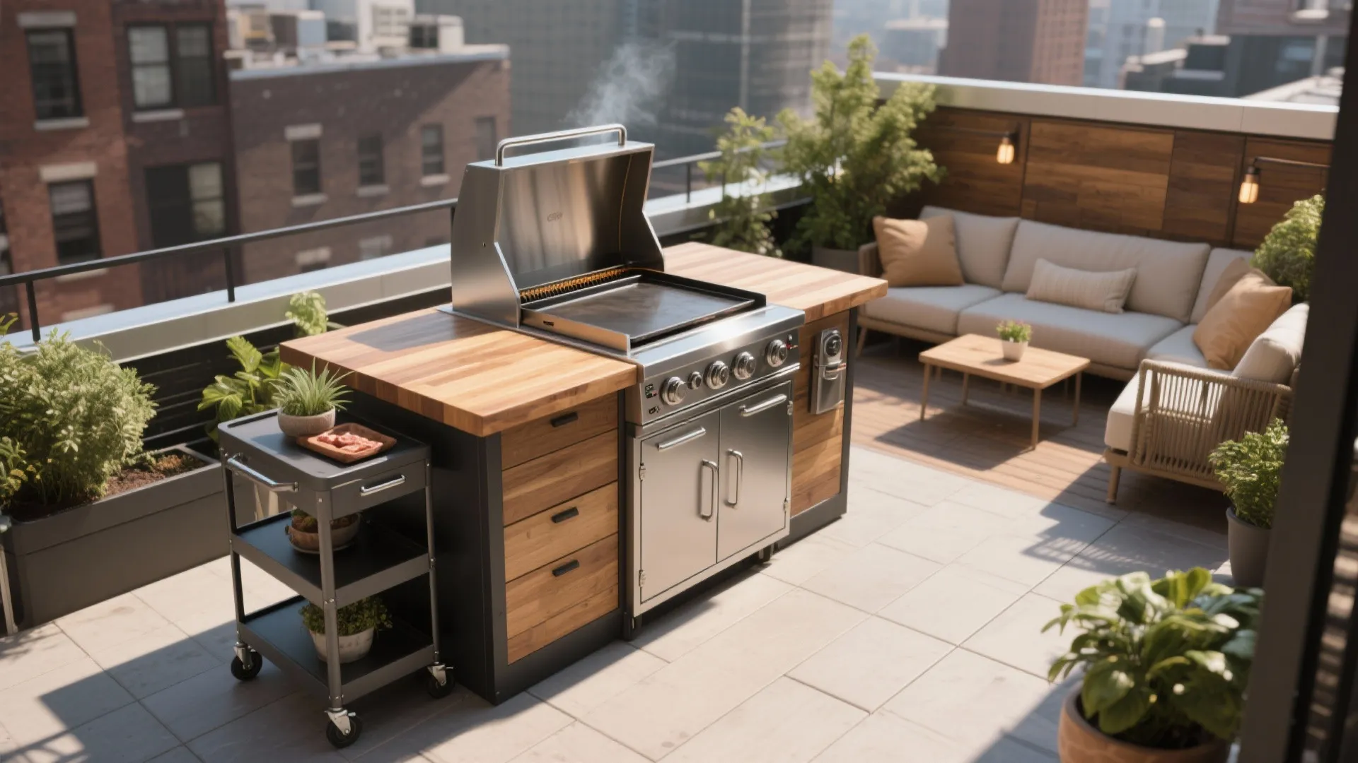 Rooftop patio with outdoor kitchen station and sofa under bright sunlight with a city view