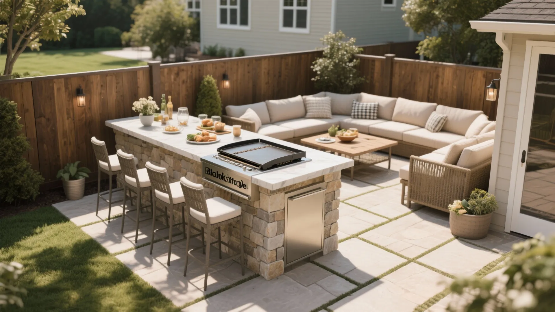 Outdoor patio with stone kitchen island, built-in griddle, bar stools, large sofa, and wooden fence