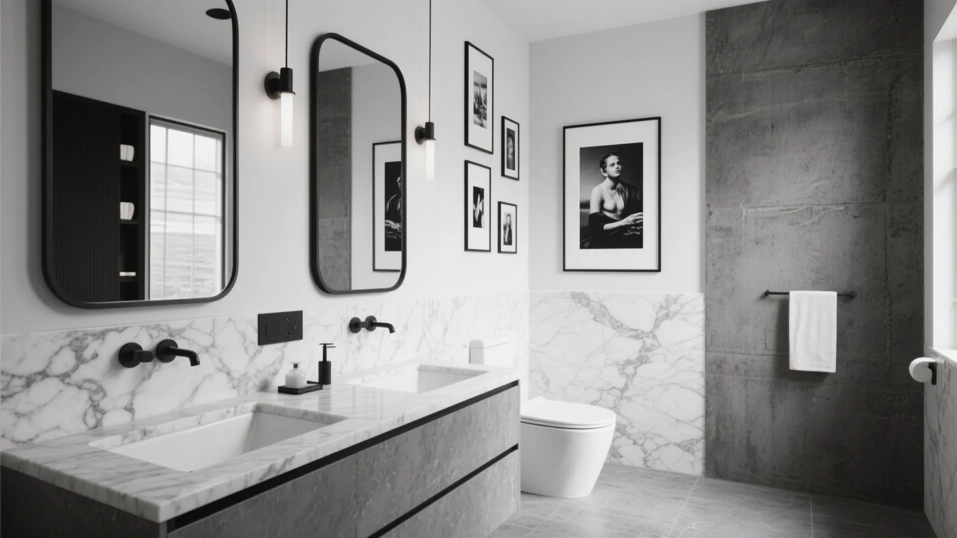 Modern bathroom with double marble sinks black wall light fixtures and black and white art