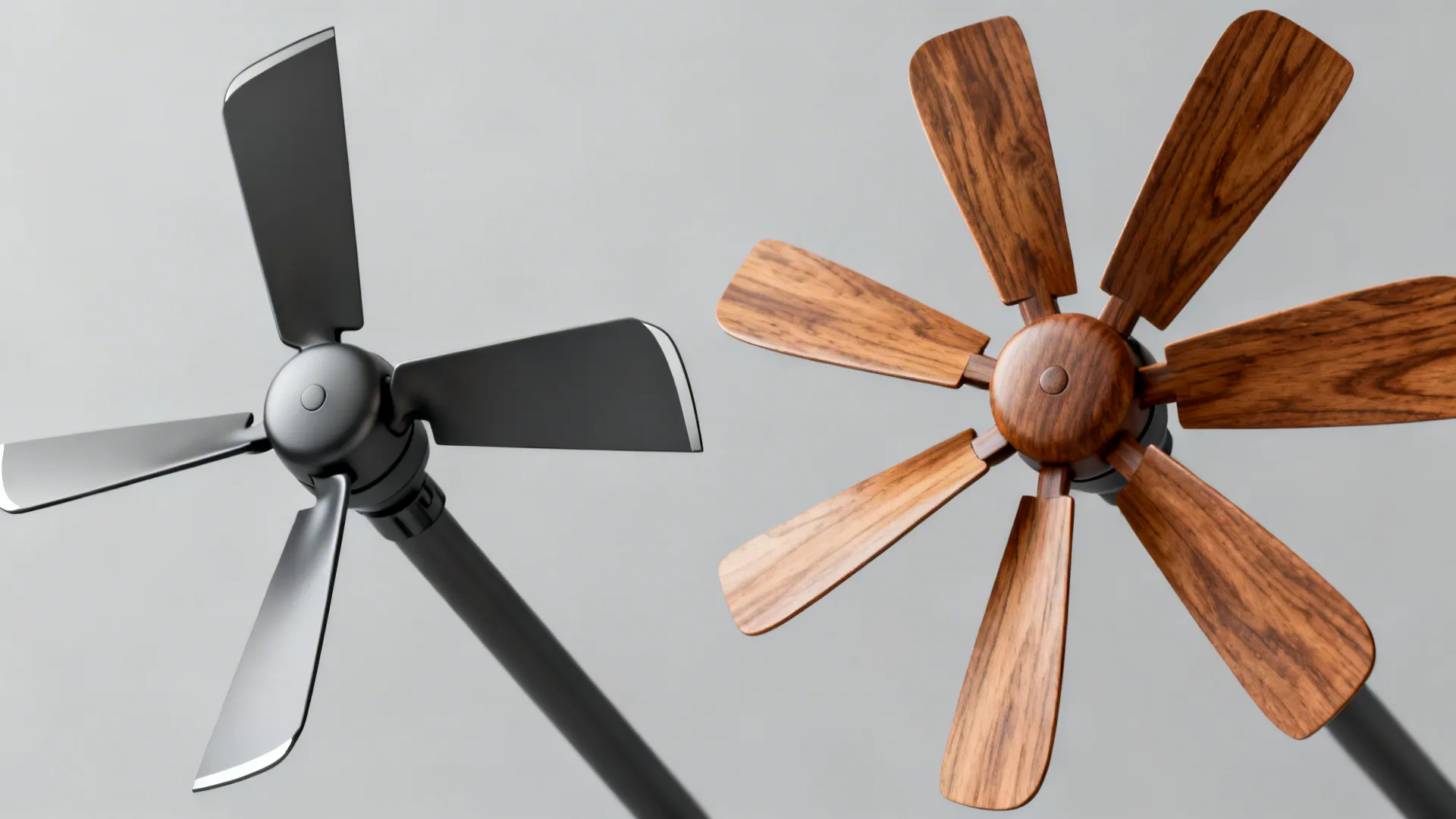 Close-up comparison of three-blade aerodynamic and five-blade traditional ceiling fan blade sets