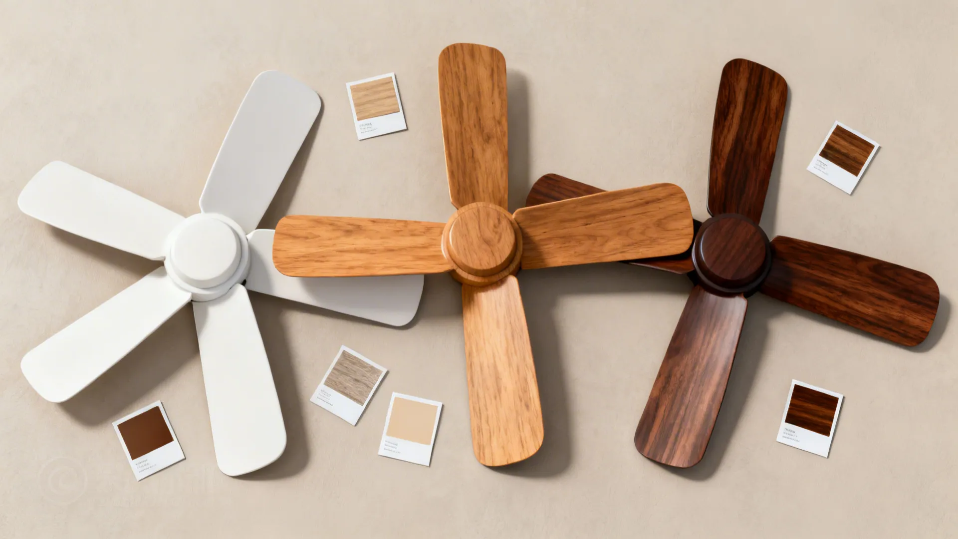 Three ceiling fan blade sets in white light wood and dark wood finishes with color samples