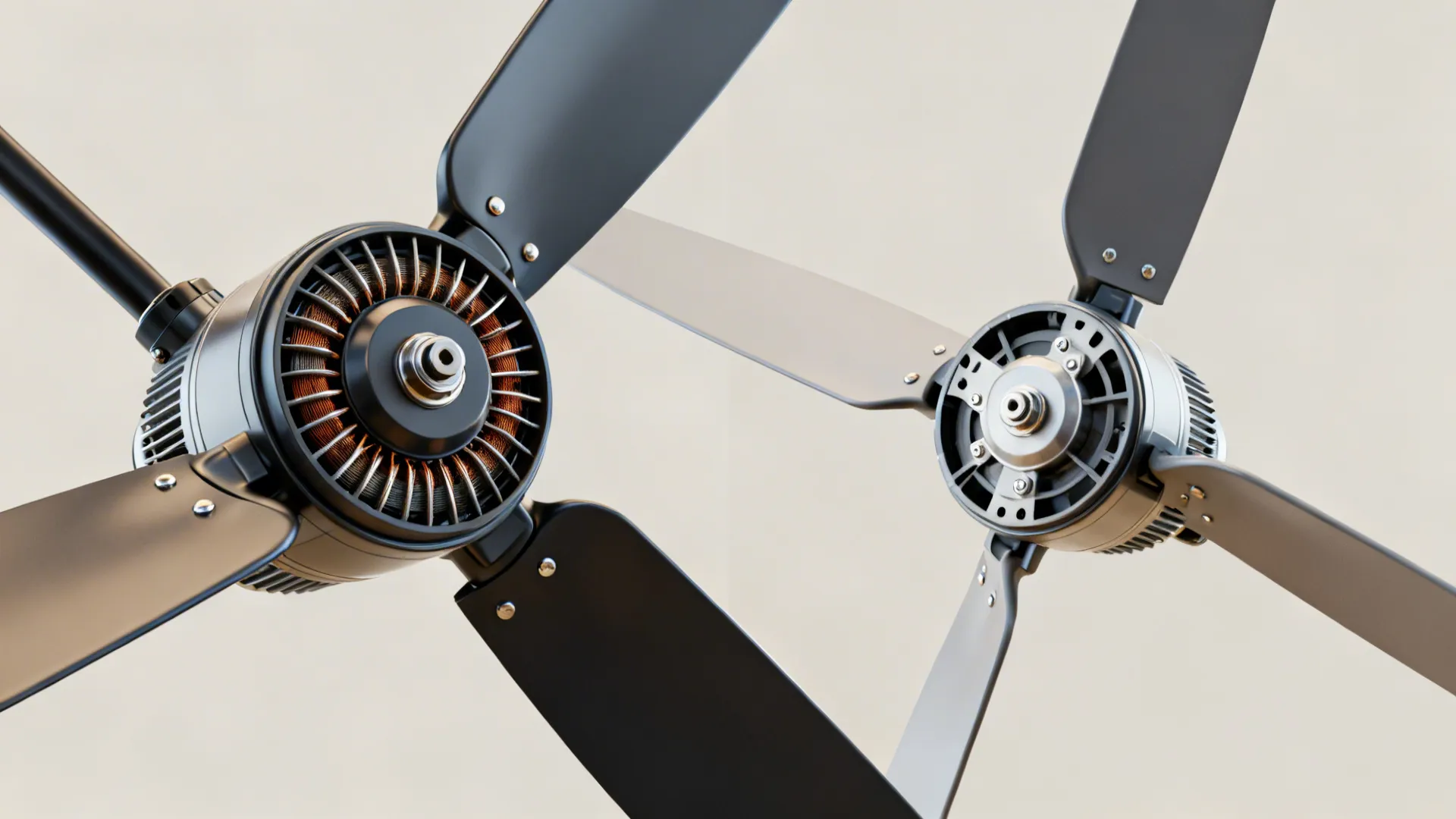Close-up comparison of high-pitch blades with a quality motor and a low-pitch cheap fan motor.