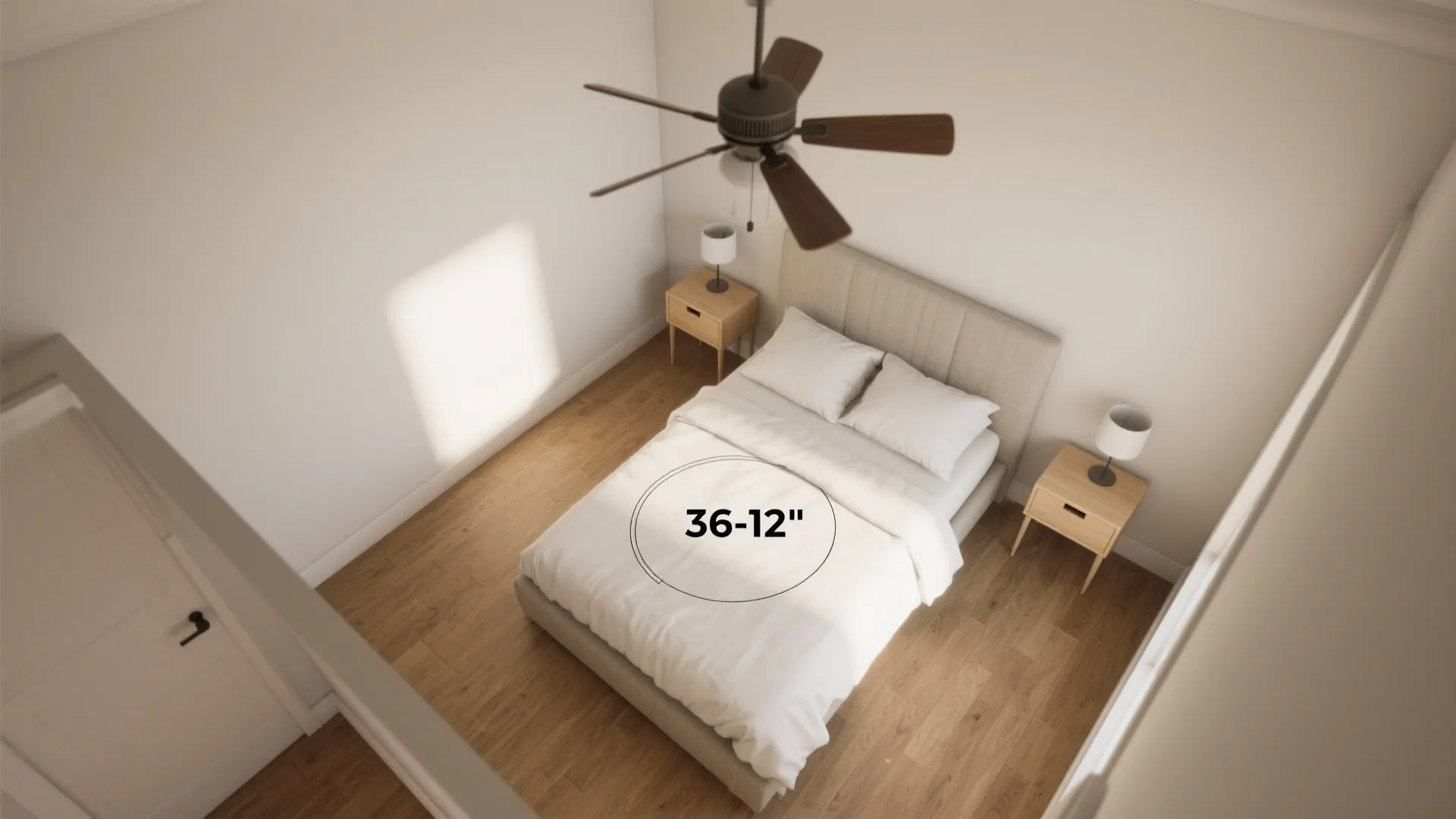 Bedroom layout showing a bed, wooden side tables, lamps, and a ceiling fan with blades