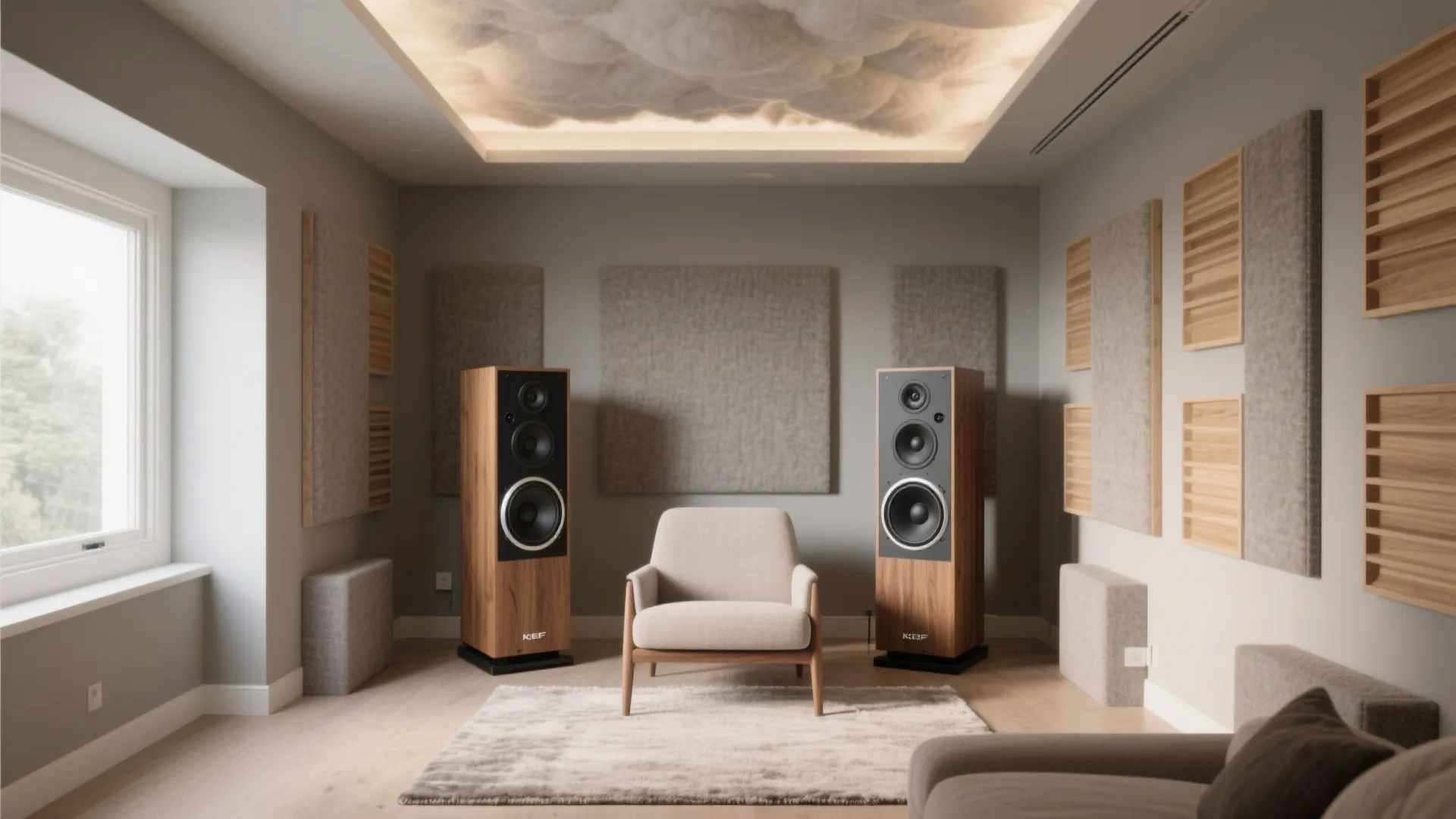 Modern room featuring two large speakers beige armchair grey wall panels and warm ceiling light