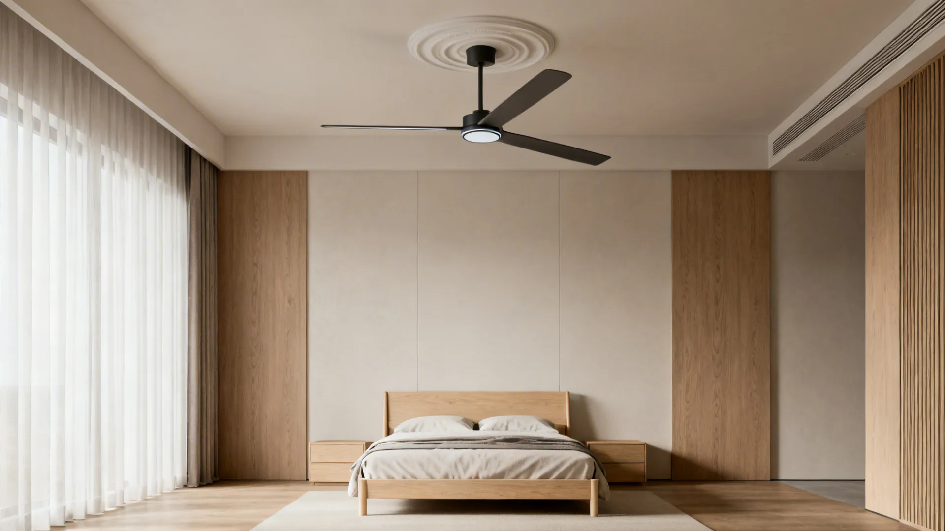 Minimalist Scandinavian bedroom with a bladeless slim-ceiling fan and warm lighting