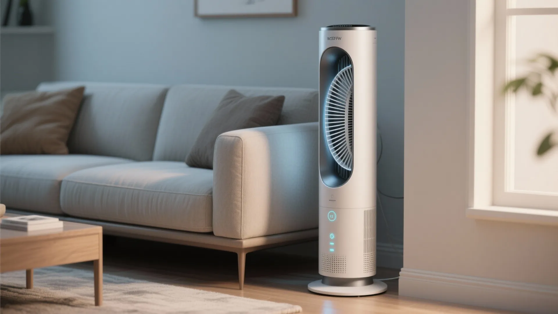Sleek white tower fan standing next to a grey sofa in a brightly lit room