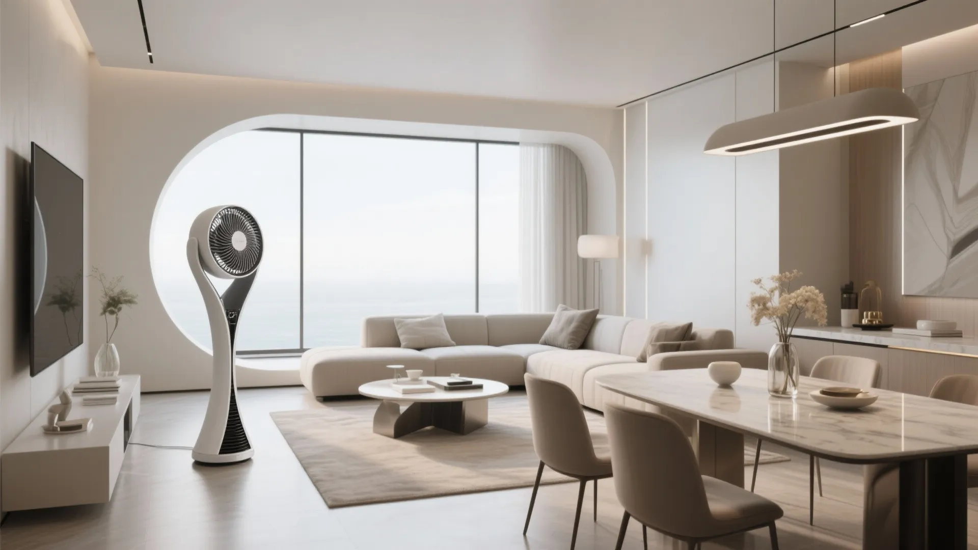 Modern white tower fan in bright living room with cream sofa and large round window