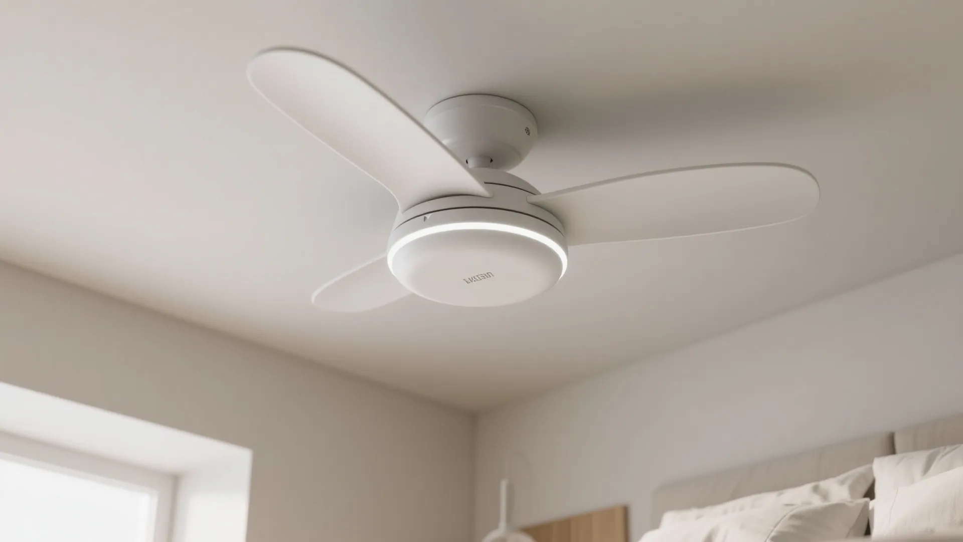 Modern white ceiling fan with circular light fixture mounted on a clean white bedroom ceiling