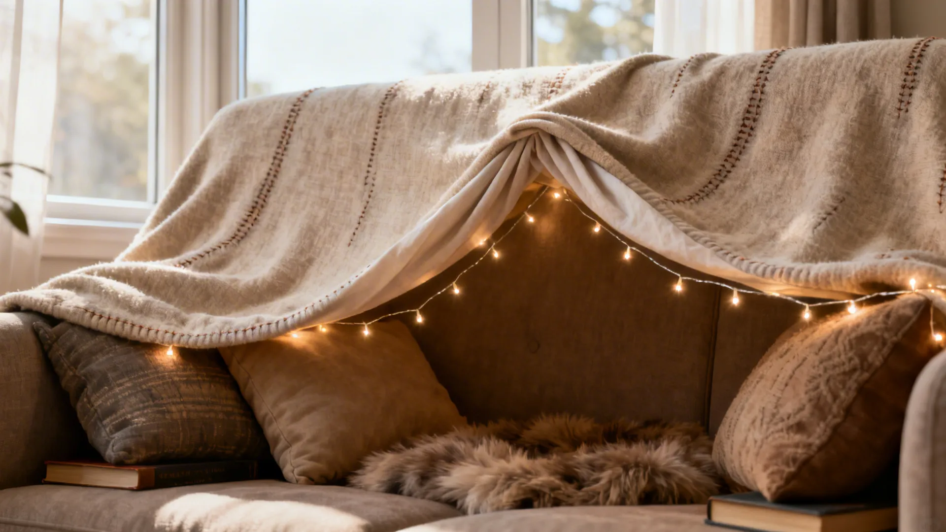 Cozy indoor fort made with blankets and warm string lights on a sofa with pillows