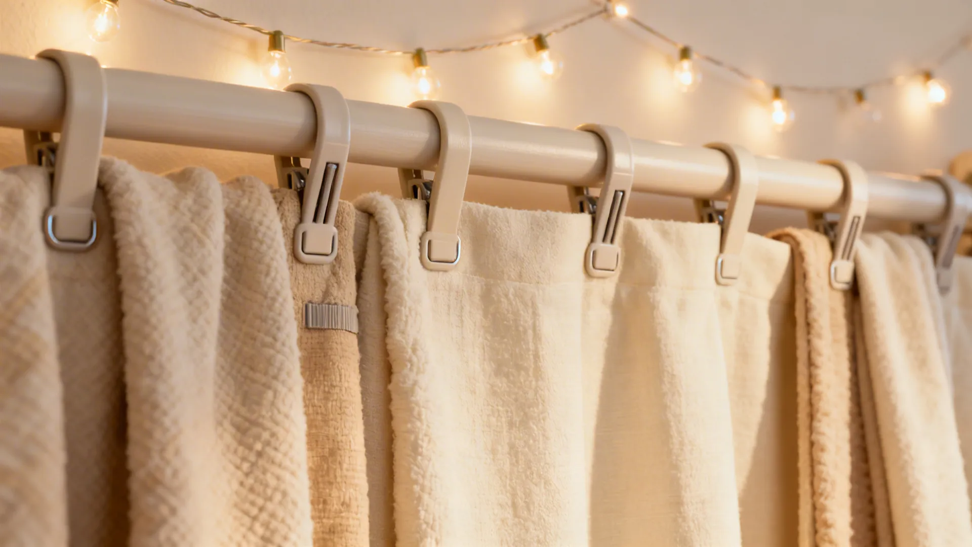 Close-up of layered blankets clipped to a rod with warm string lights and secure anchor points.