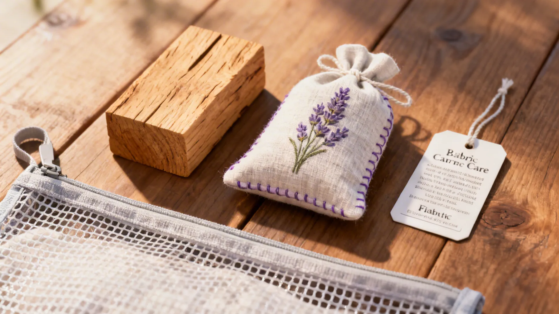 Cedar block, lavender sachet and care label illustrating blanket storage and freshness tips.