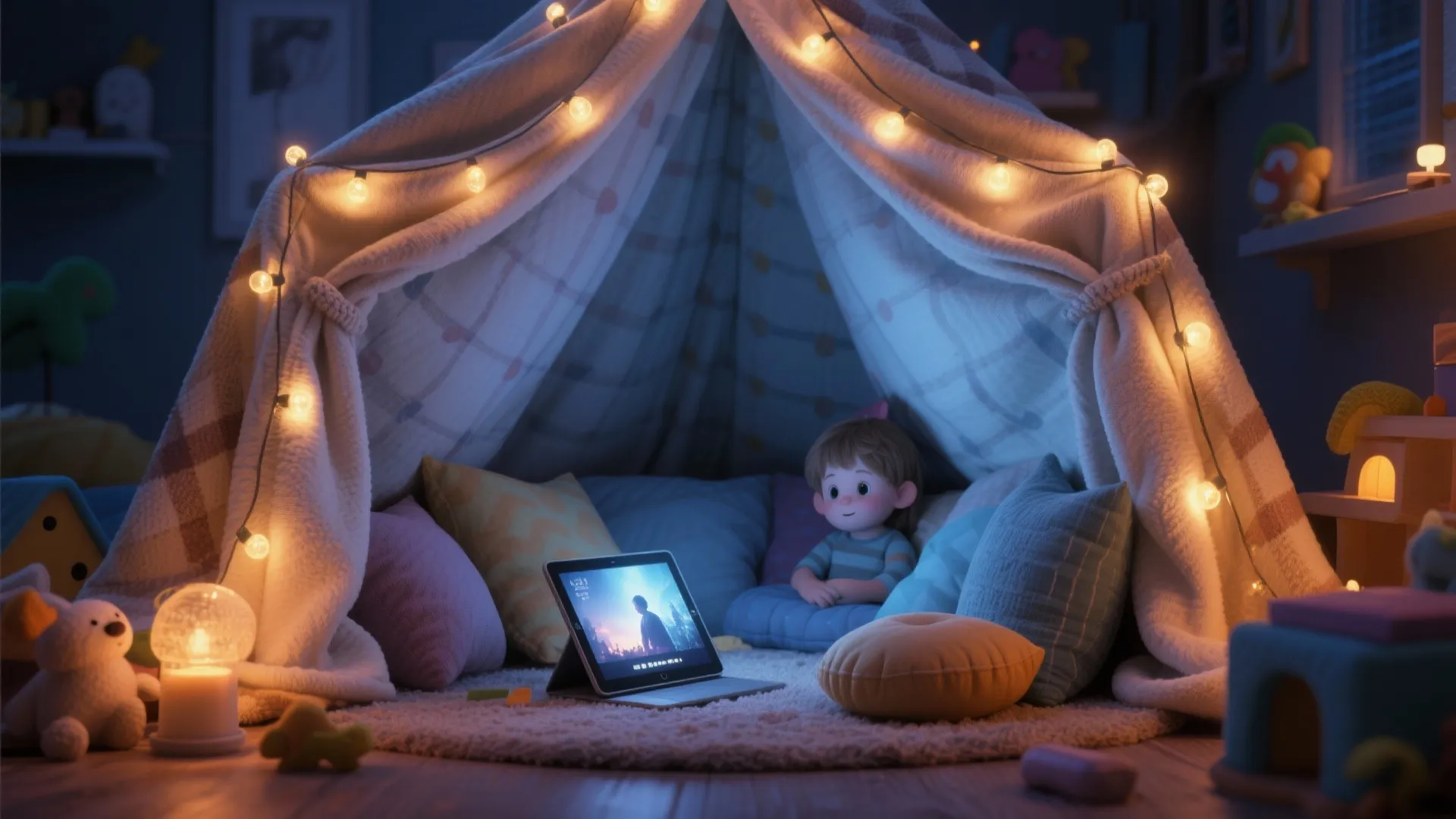 Cozy indoor blanket tent with string lights colorful pillows and a child watching a tablet