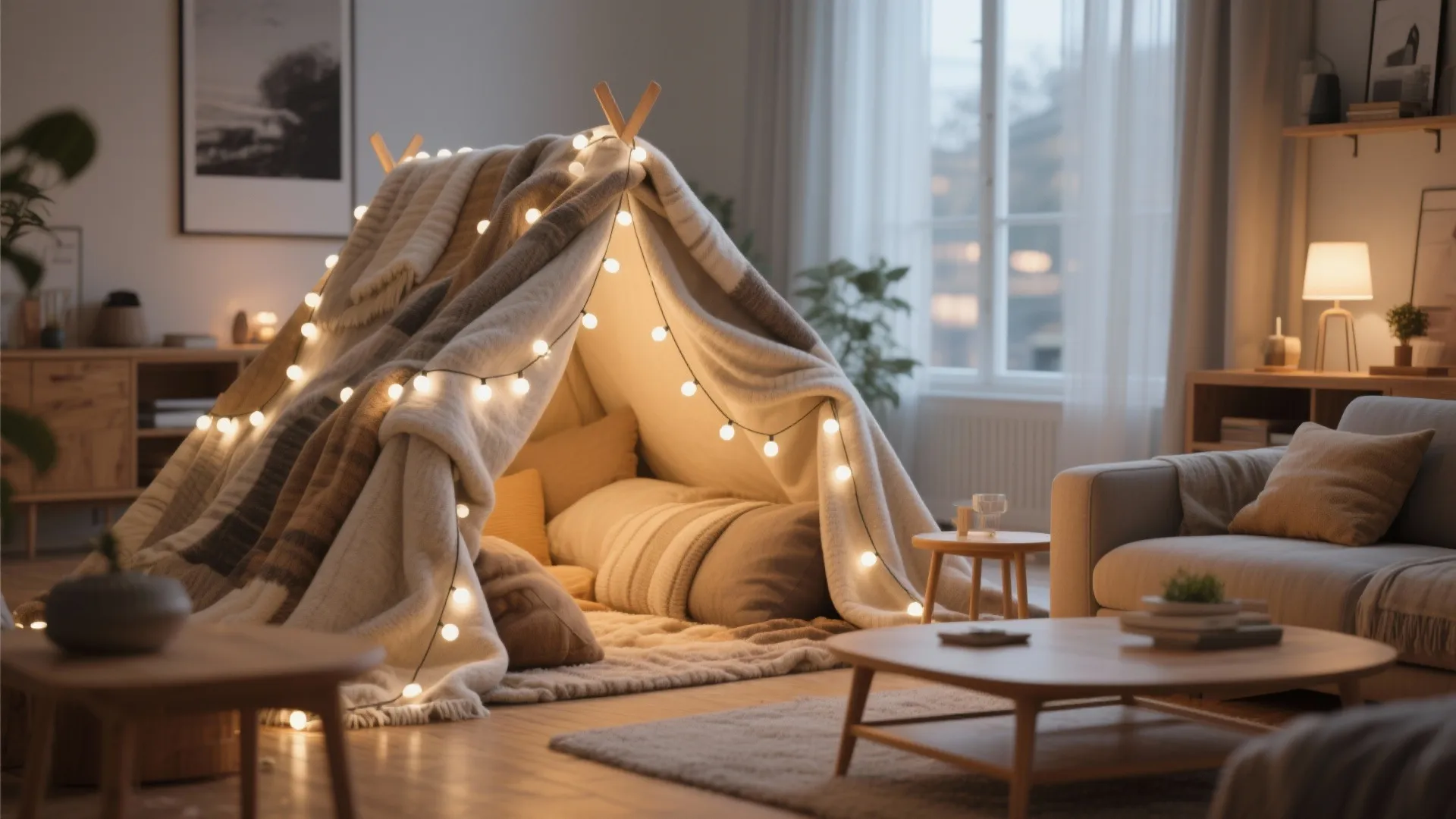 Cozy indoor blanket fort with string lights pillows and wooden tables in a living room
