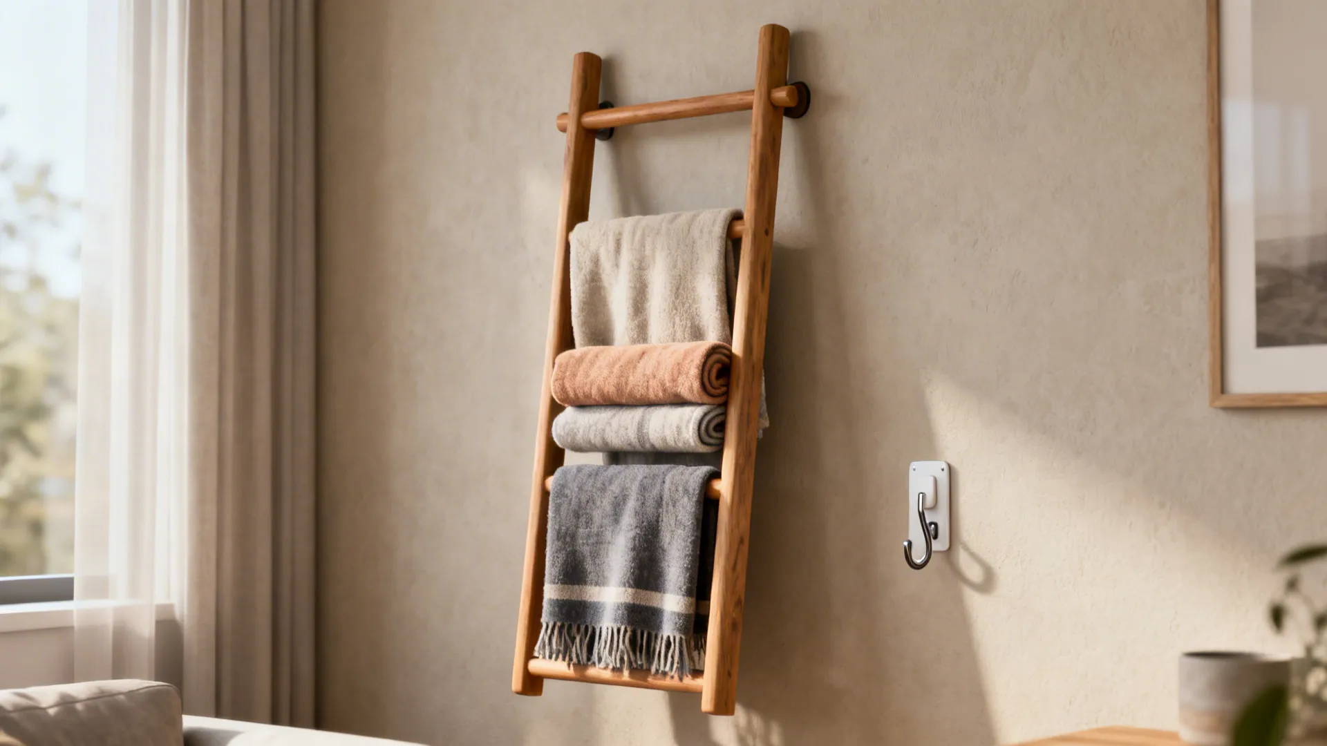Wooden wall-mounted blanket ladder displaying three folded throws in a cozy living room.