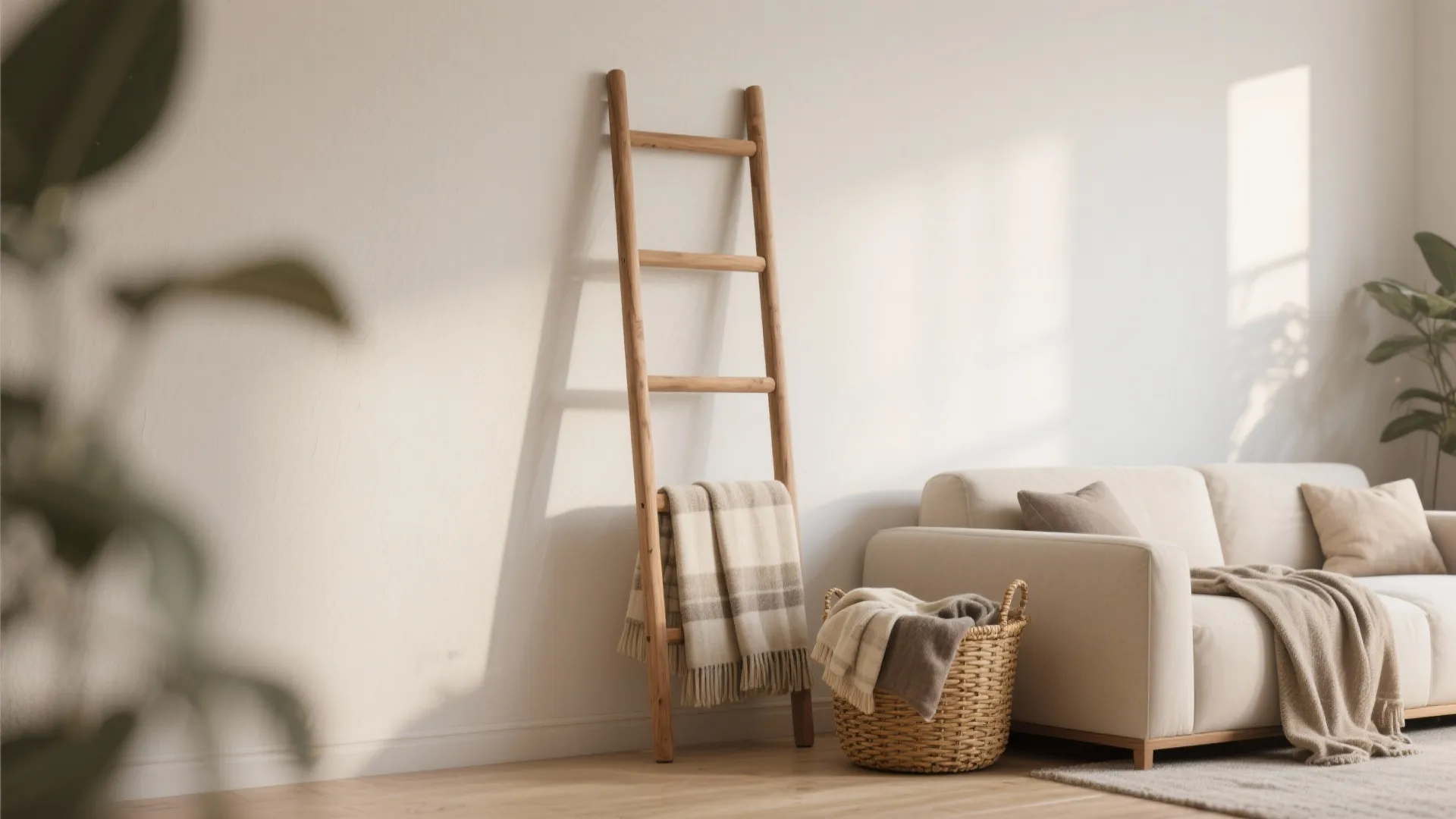 Wooden ladder with blanket against white wall next to woven basket and soft cream sofa