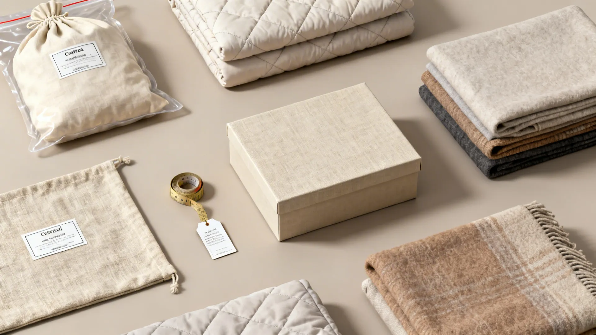 Flatlay of storage supplies for blankets: vacuum bags, linen bags, archival box, measuring tape.