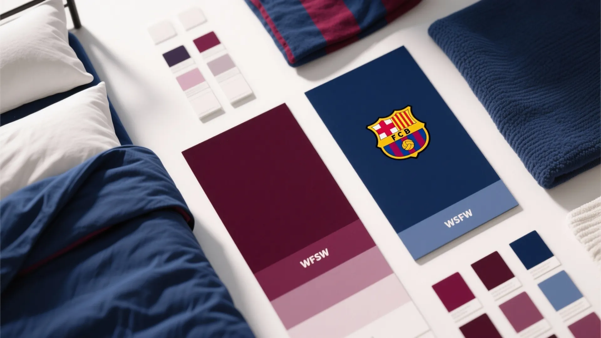 Blue and red interior design color palette with football club logos and matching soft fabric samples