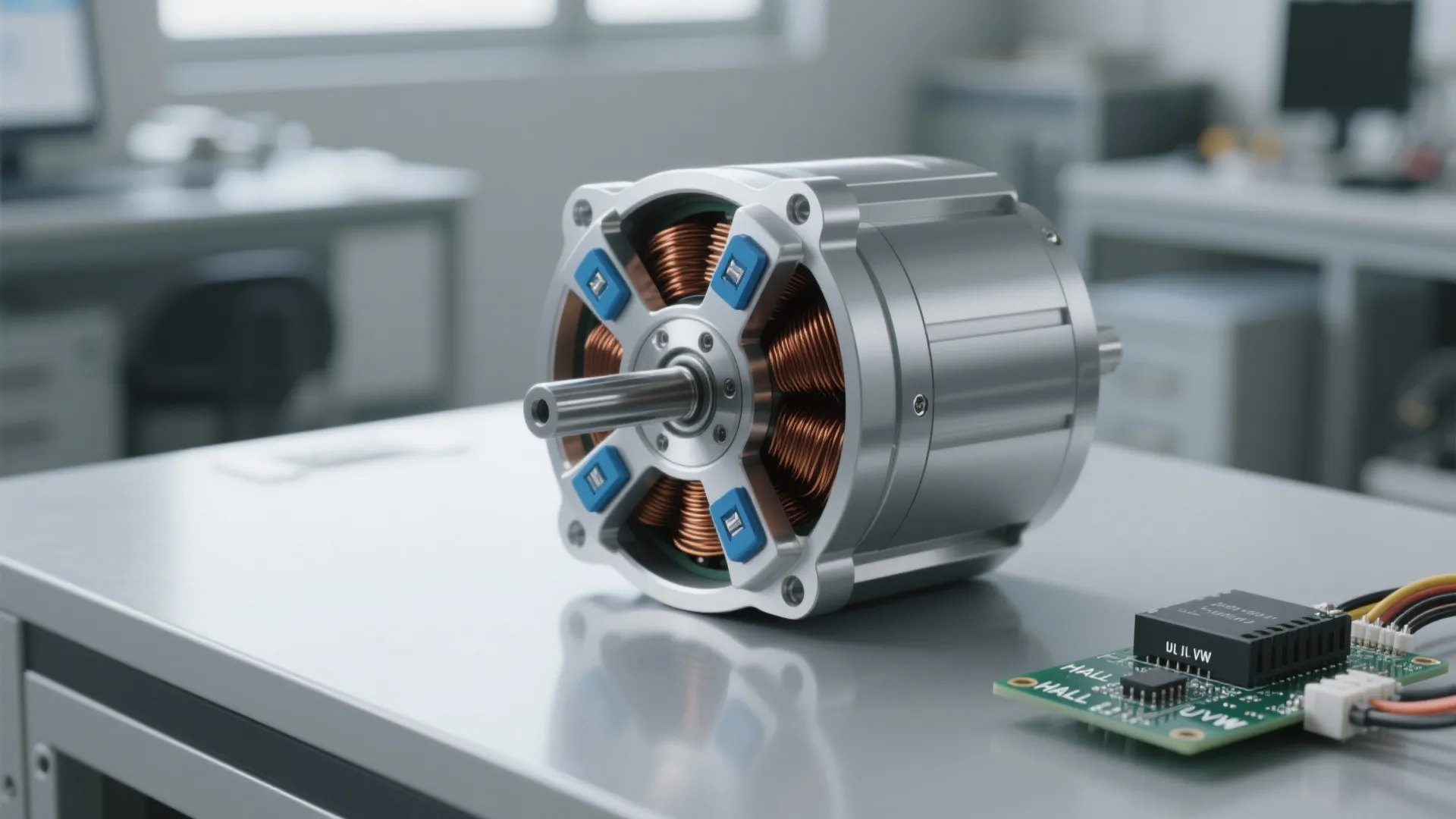 Close up of an electric motor with copper wire coils placed on a white laboratory table
