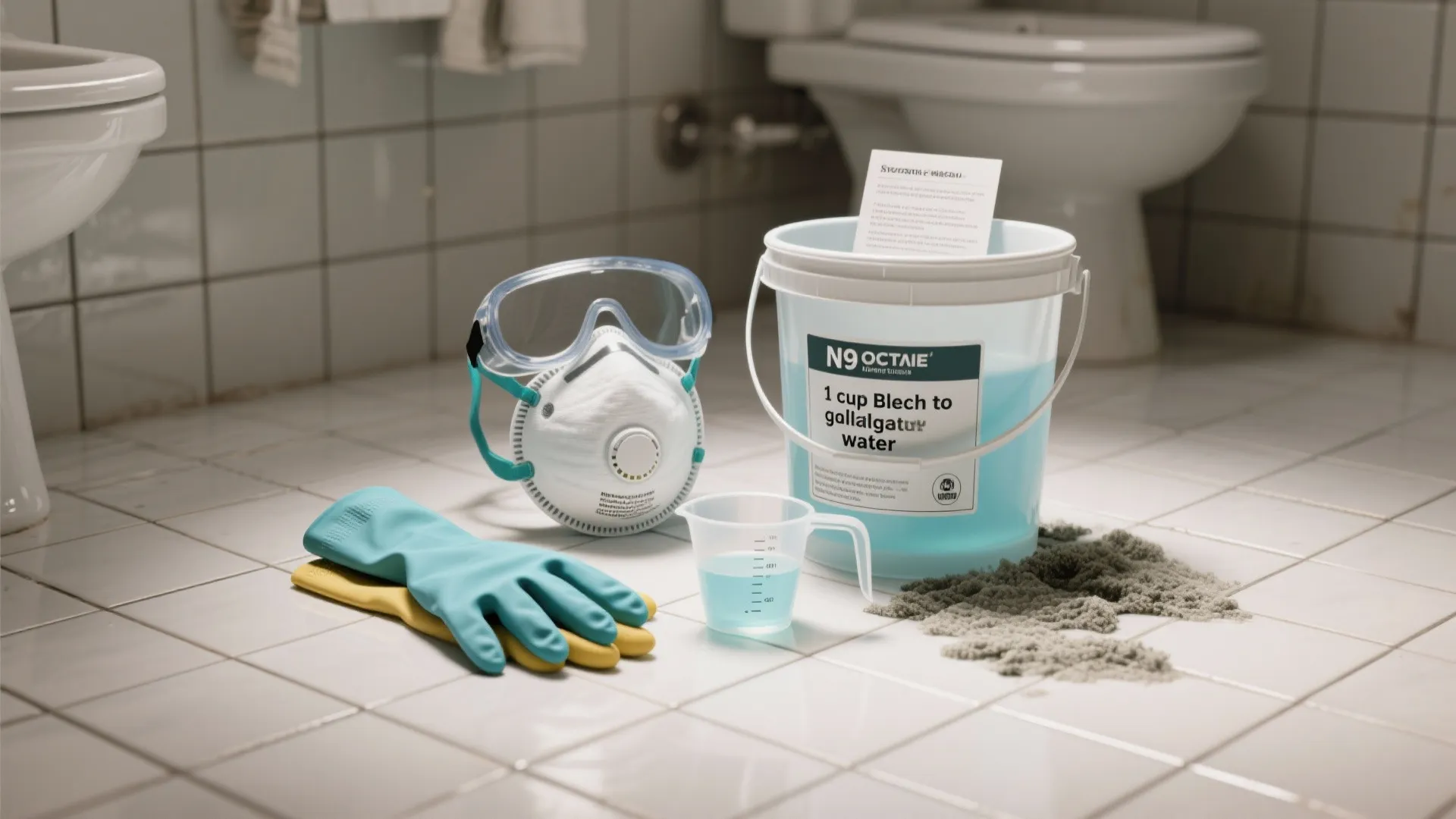 Cleaning safety equipment including goggles face mask rubber gloves and bucket on a white tiled floor