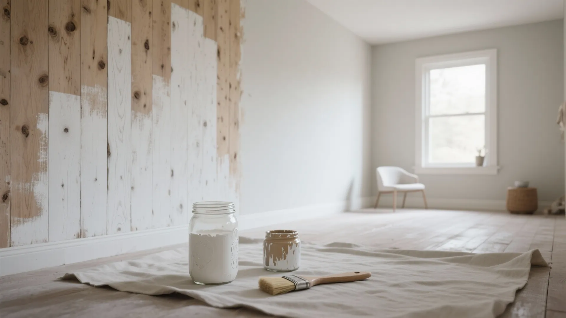 Room with knotty pine walls showing a bleached whitewash test panel, glaze jar, and brush for a Scandinavian look.