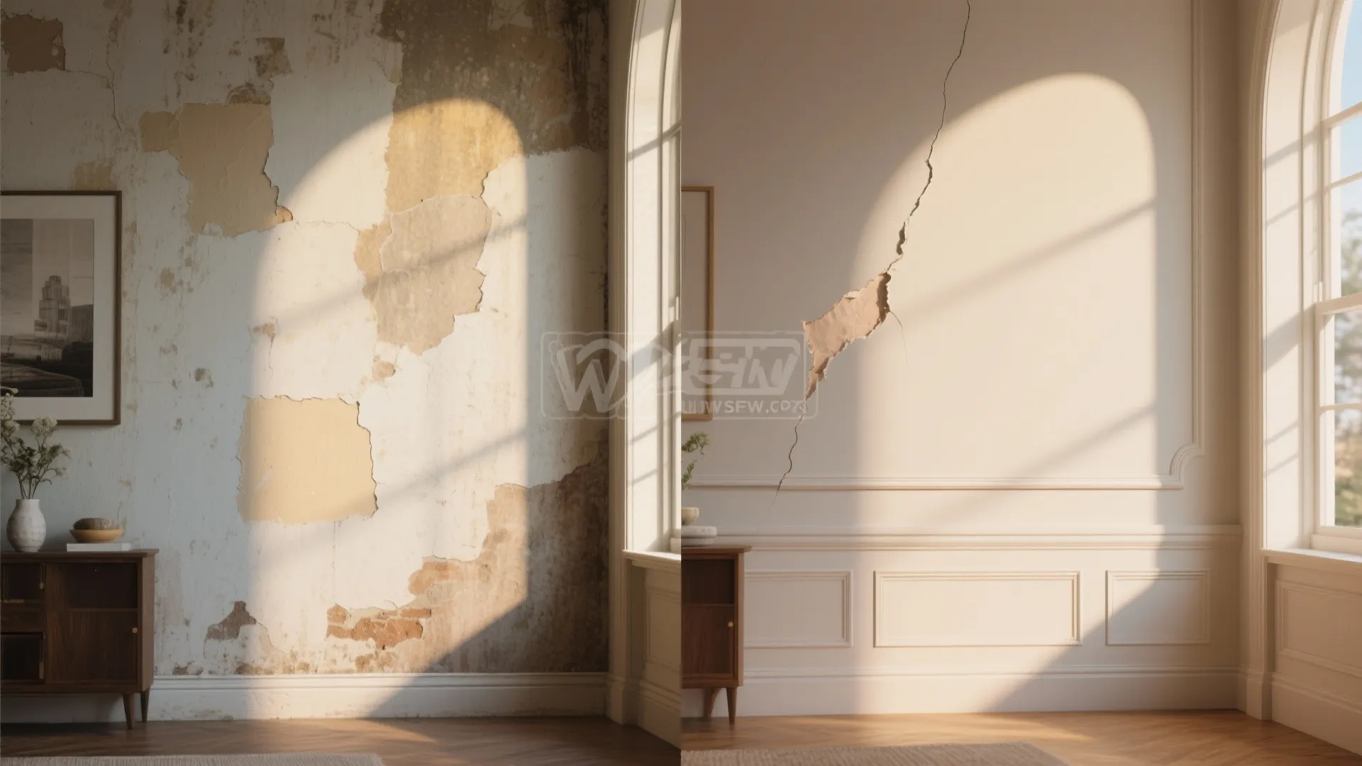 Before and after comparison of a damaged wall versus a repaired wall with white wall panel