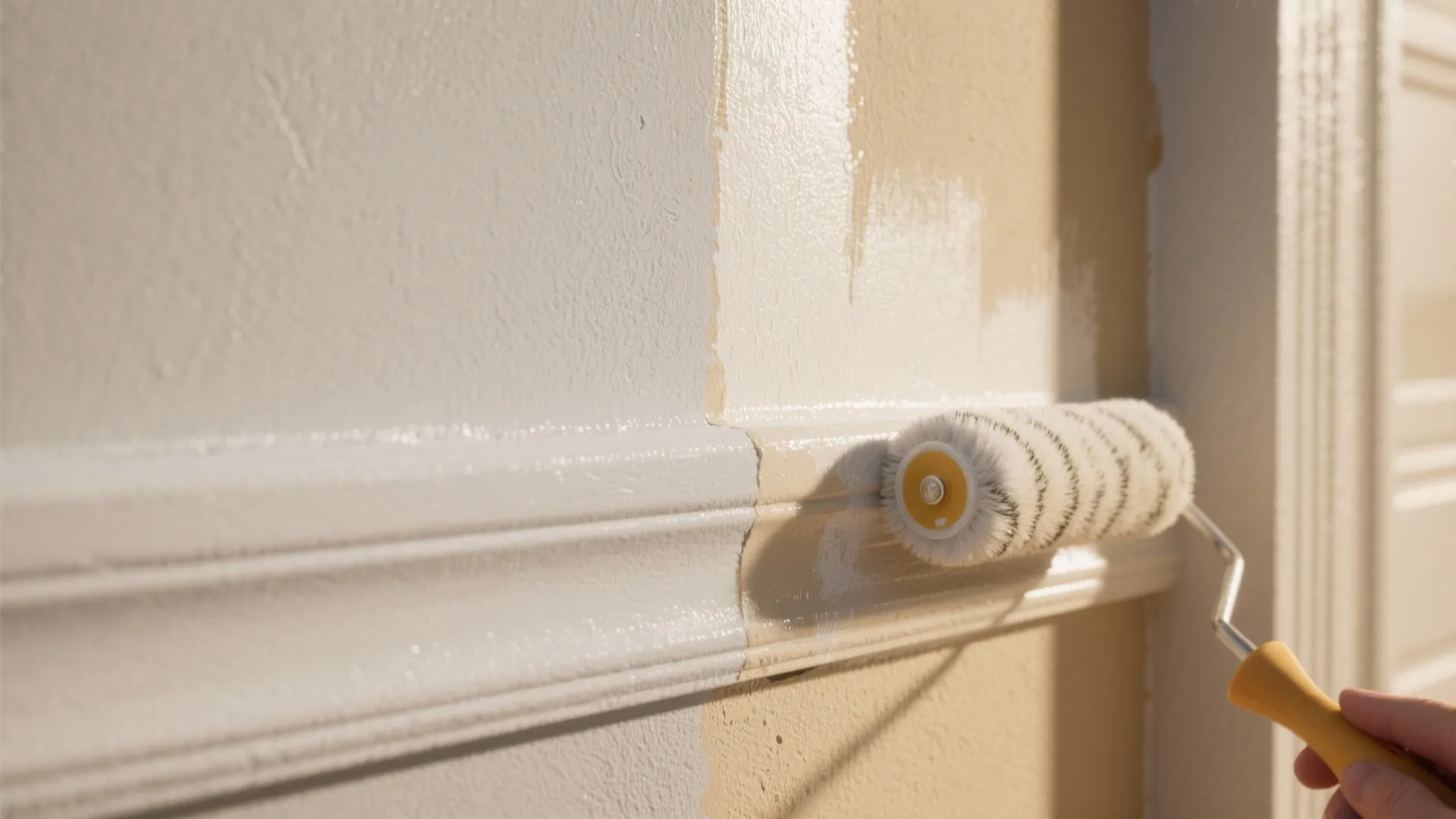 Before-and-after view showing sprayed wall and edges being blended with a small roller and fine brush.