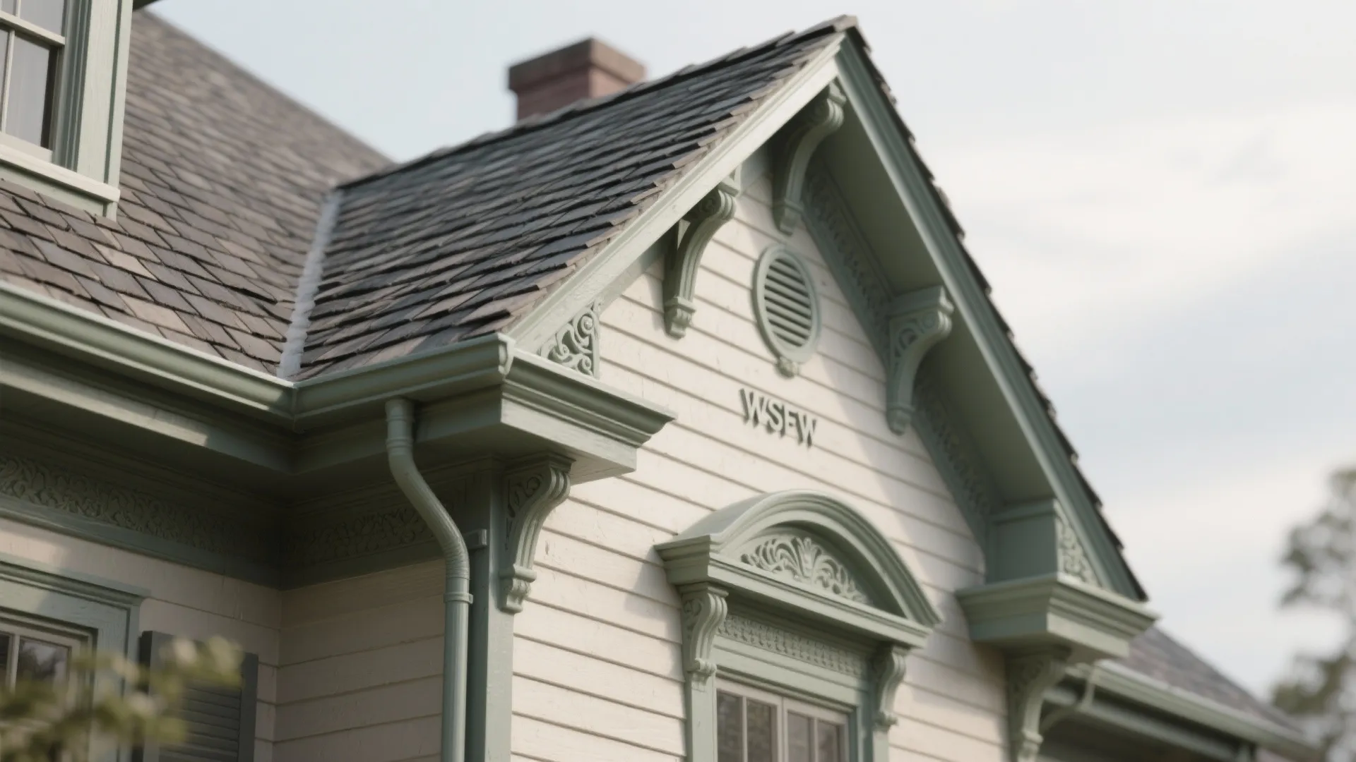 Traditional house exterior with grey tiled roof light green gutters and white wooden wall panels