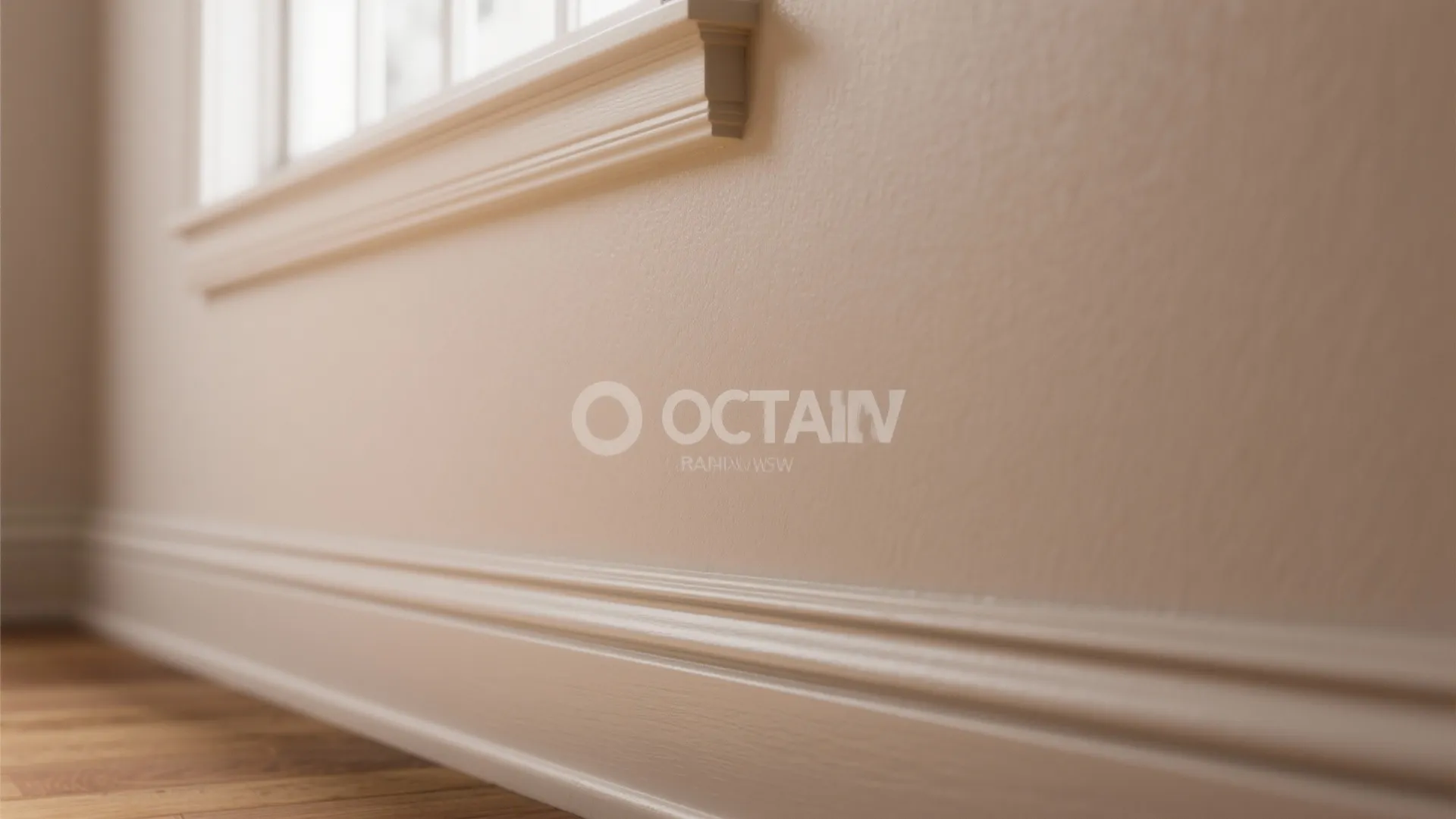 Close up of beige wall with white wood wall panel trim and dark wood floor