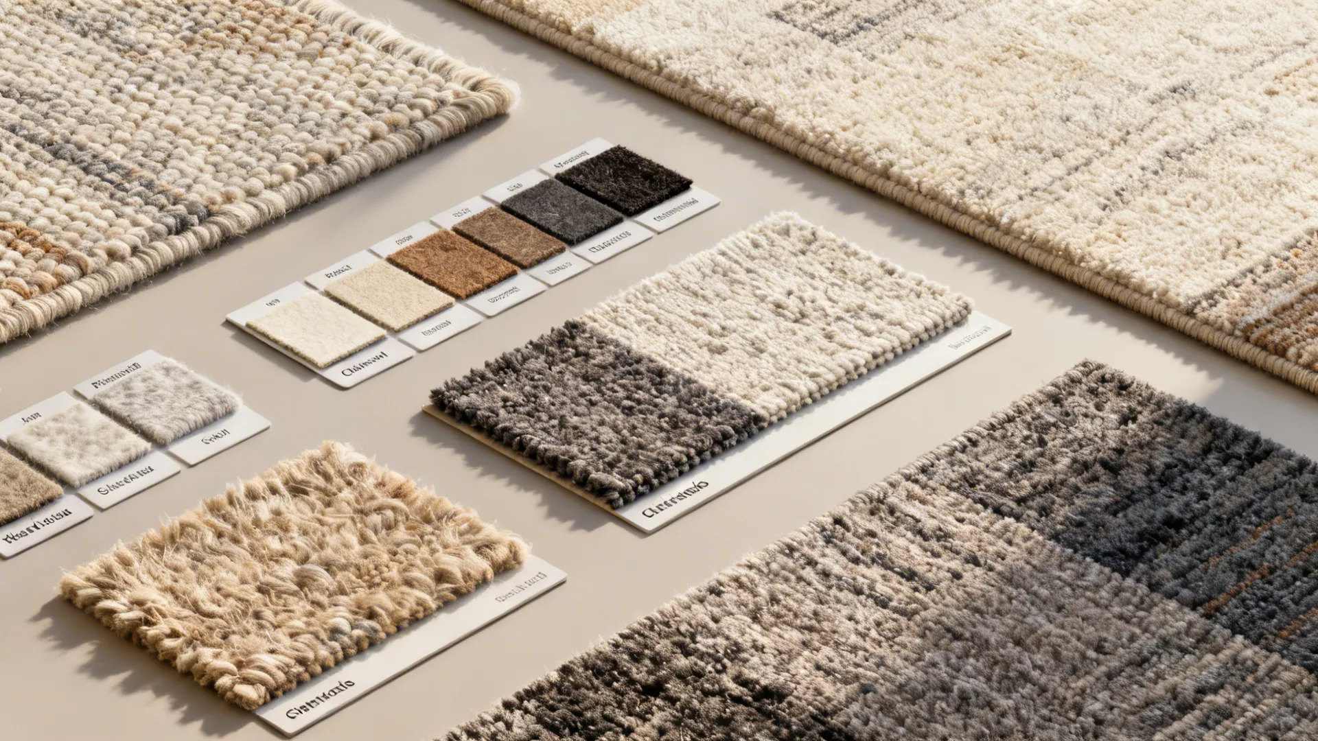 Top-down flatlay of blended wool rug swatches and material chips.