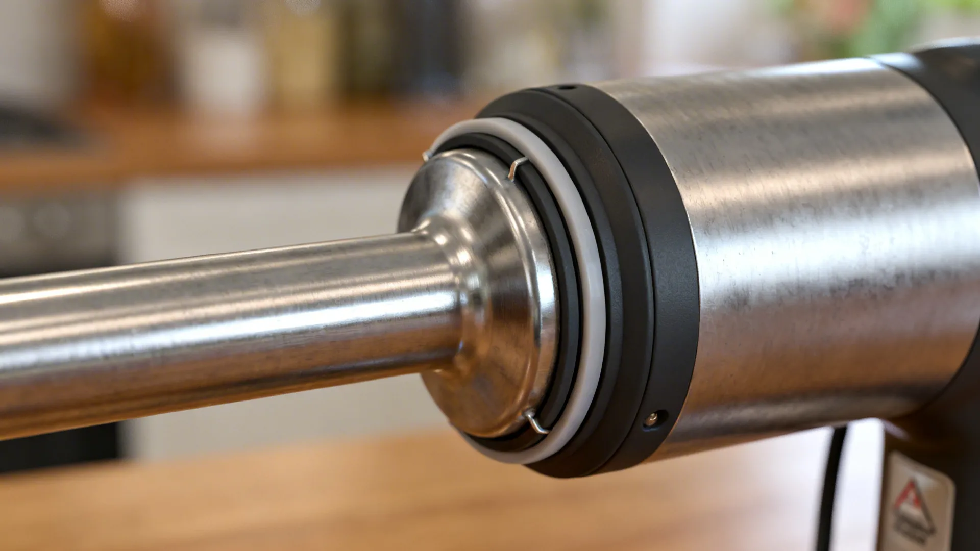 Macro of immersion blender sealed motor housing and stainless coupling.