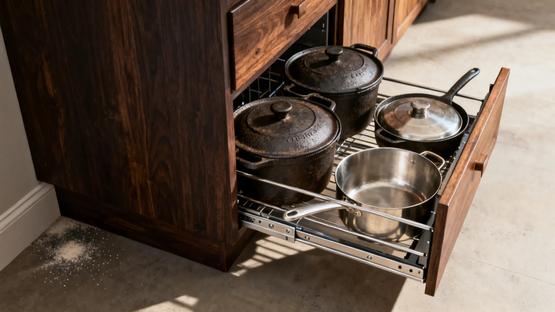 Before-and-after of a blind corner cabinet showing hidden space versus extended pull-outs with cookware.