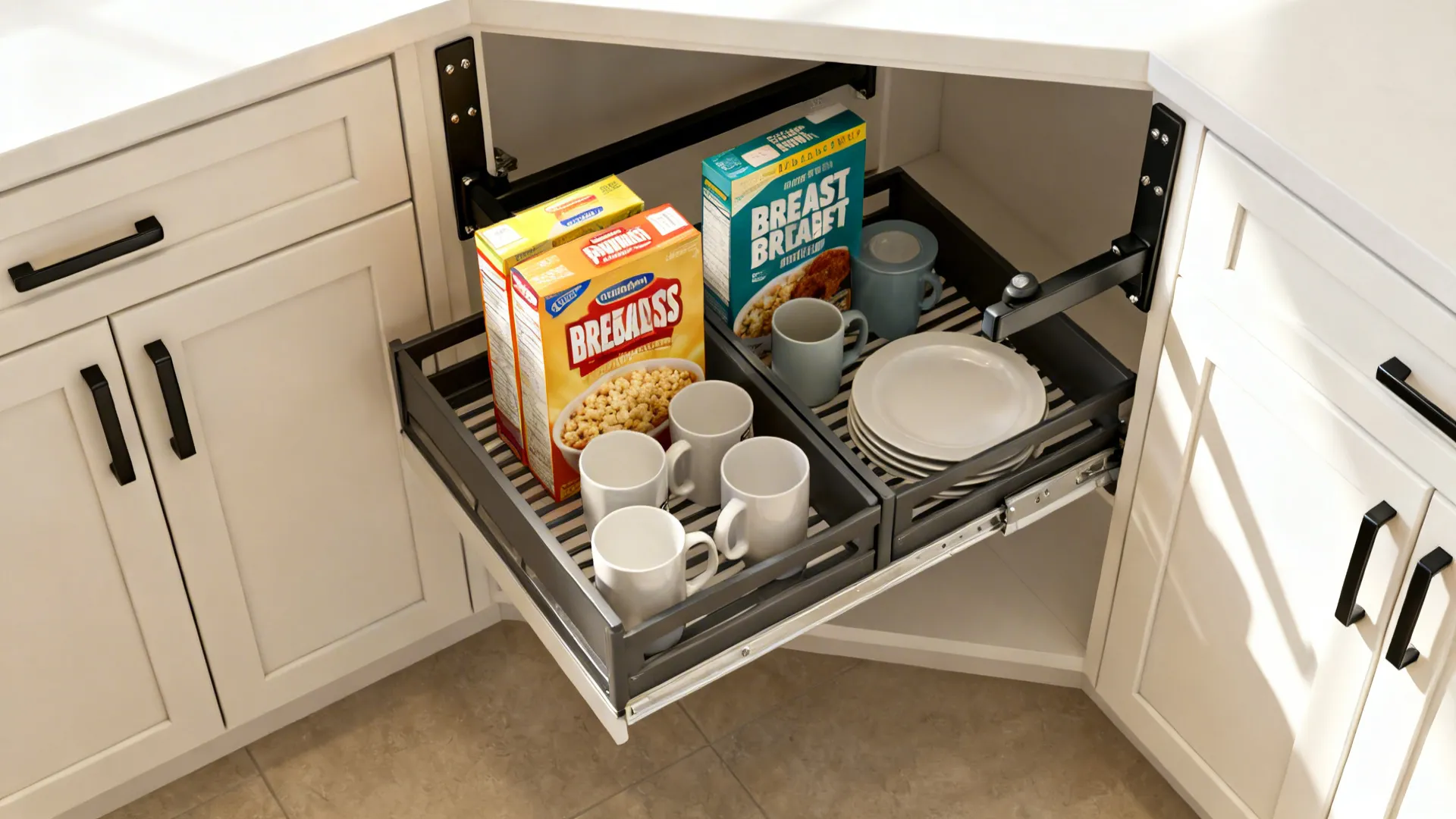 Top-down view of an upper blind corner cabinet with pull-down trays for easy reach.