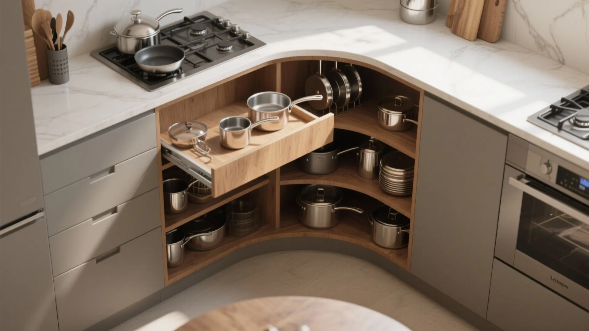 3. Blind corner pull-out systems (kidney/LeMans style)