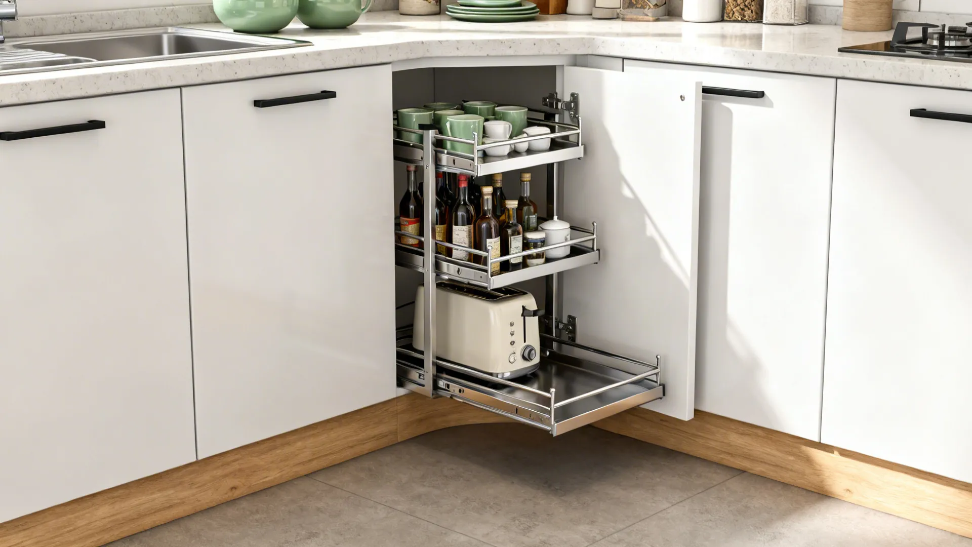Blind-corner cabinet with full-extension pull-out trays gliding smoothly in a small modern kitchen.