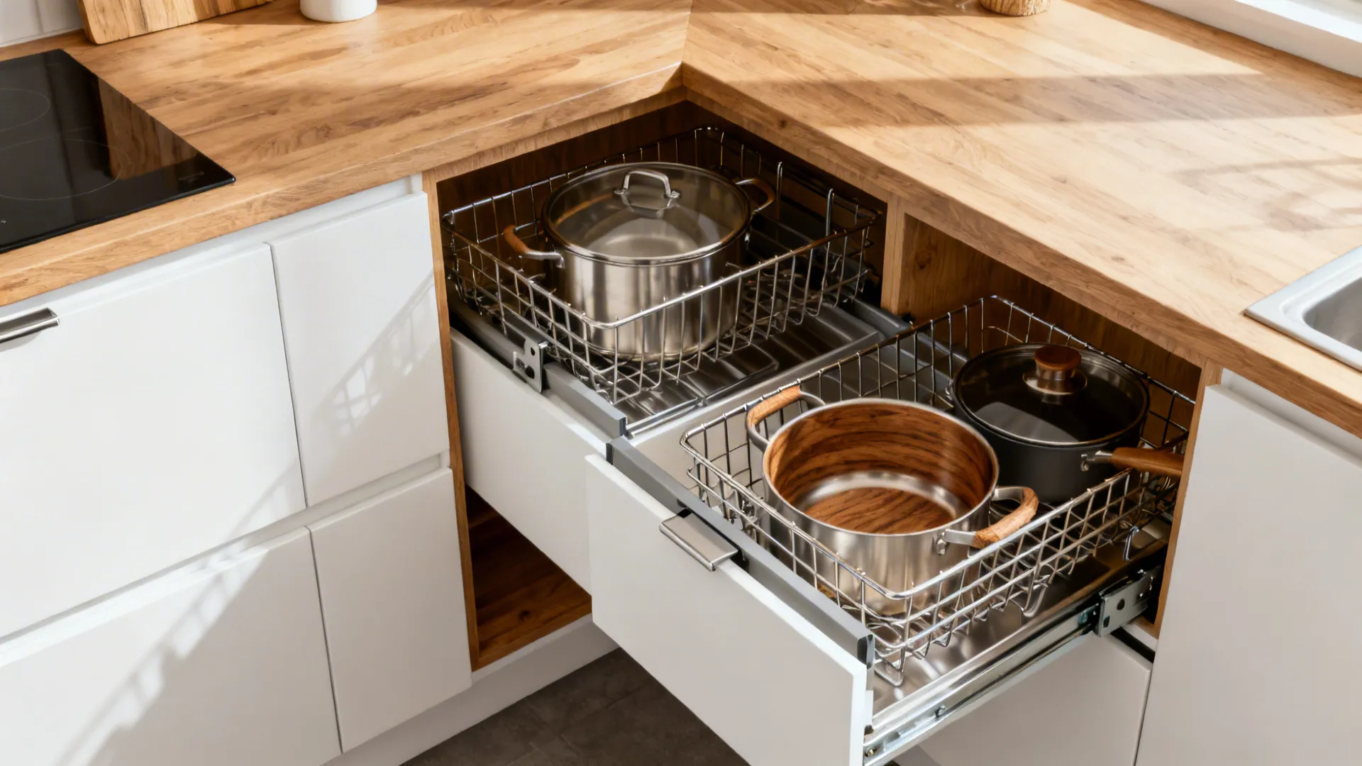 Open kitchen corner cabinet with metal storage baskets holding stainless steel pots under wood countertop