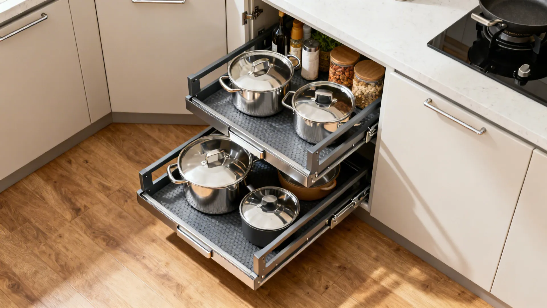 Top-down view of a blind-corner pullout system with two trays extending smoothly for easy access.