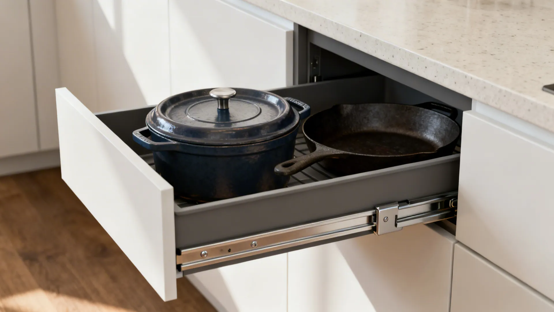 Close-up of a full-extension blind corner pullout holding heavy cookware in a modern cabinet.