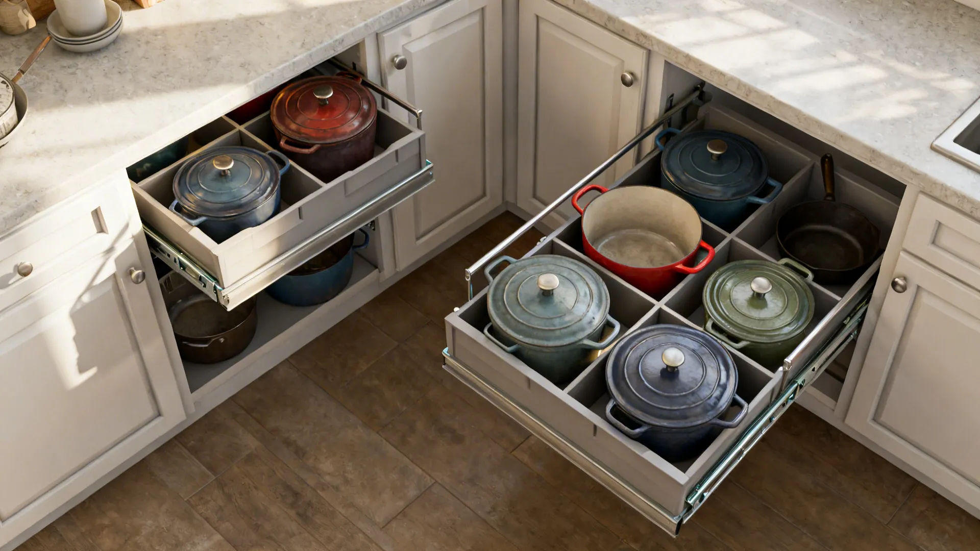 Top-down view of a blind corner pull-out system with cookware on sliding carriages.