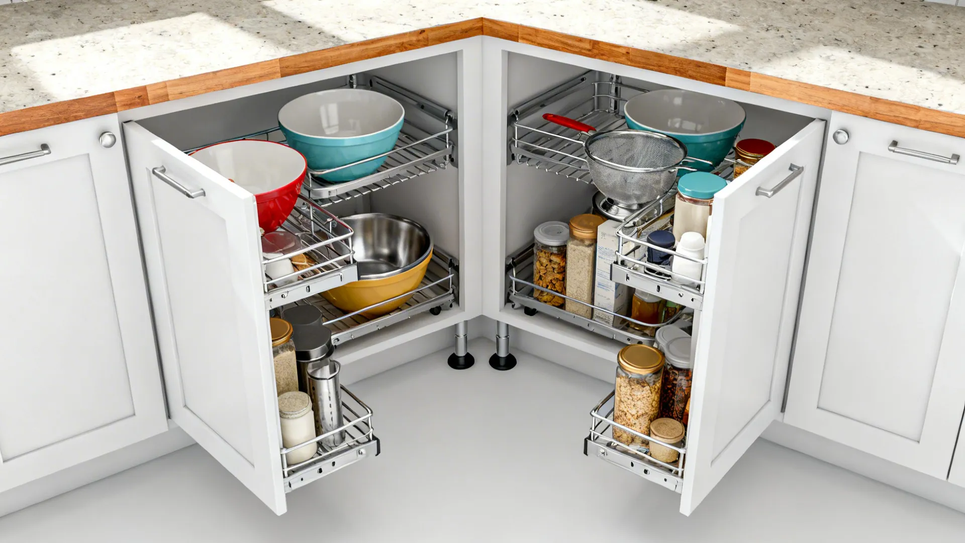 Top-down view of a double-action blind corner pull-out with organized kitchenware.