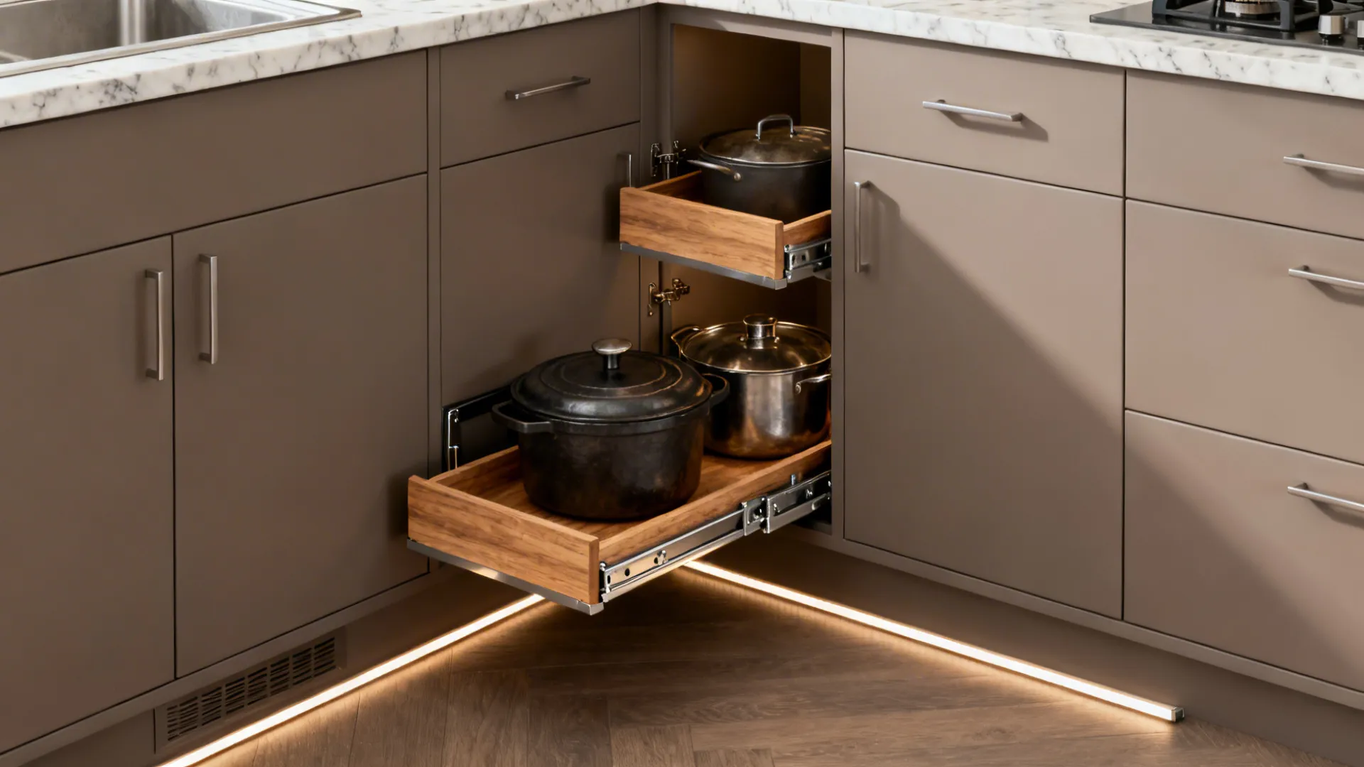 Blind corner cabinet pull-out under a quartz countertop with full-extension trays holding heavy cookware.